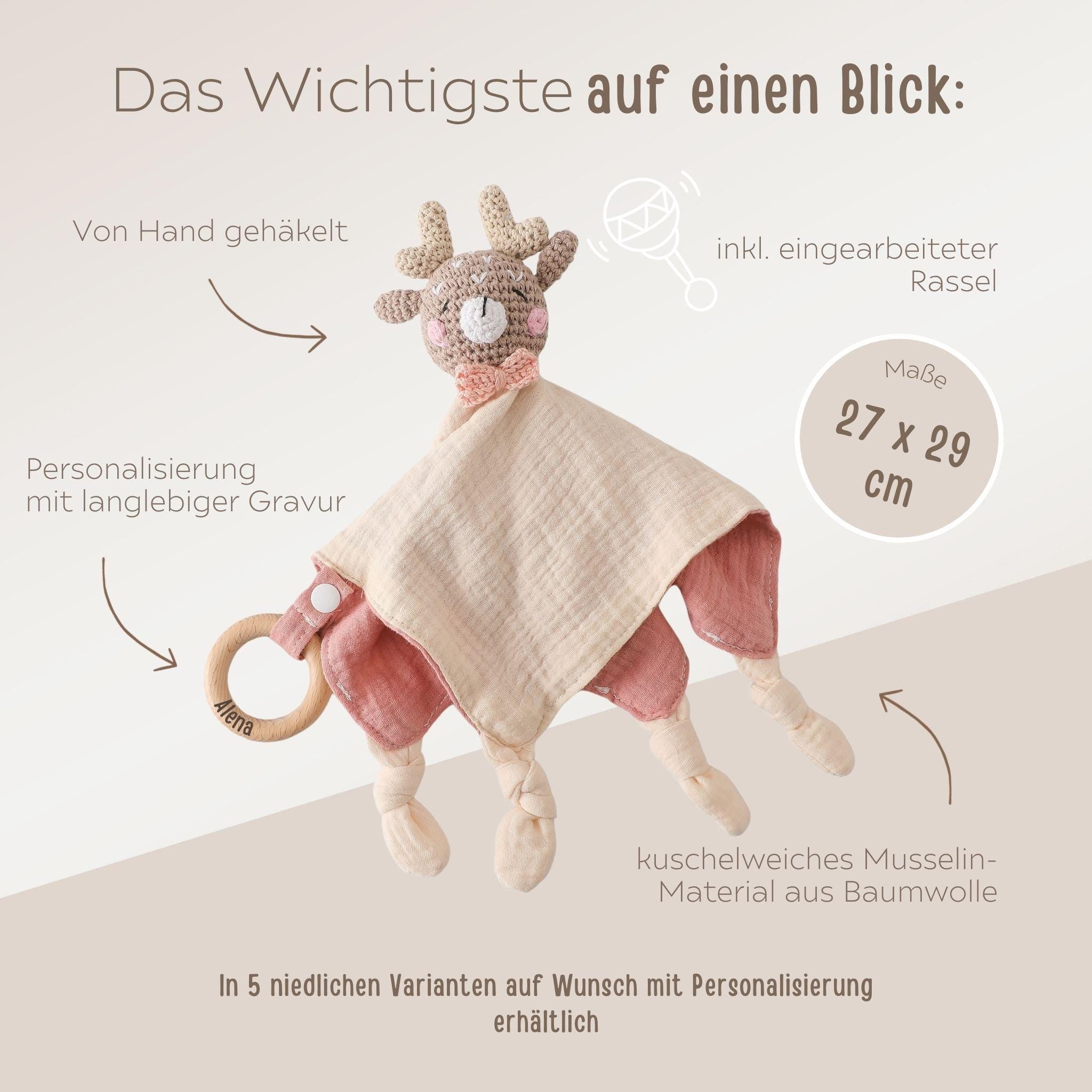 Schmusetuch Tier mit Greifling personalisiert - wunderwunsch