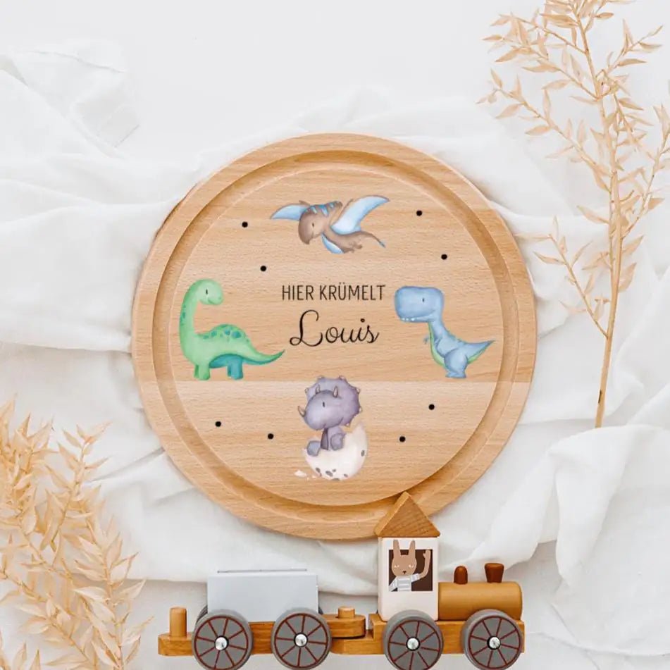 Schneidebrett Holz rund personalisiert - Dinosaurier Punkte Aquarell - wunderwunsch