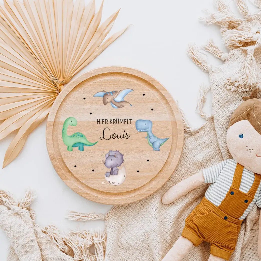 Schneidebrett Holz rund personalisiert - Dinosaurier Punkte Aquarell - wunderwunsch
