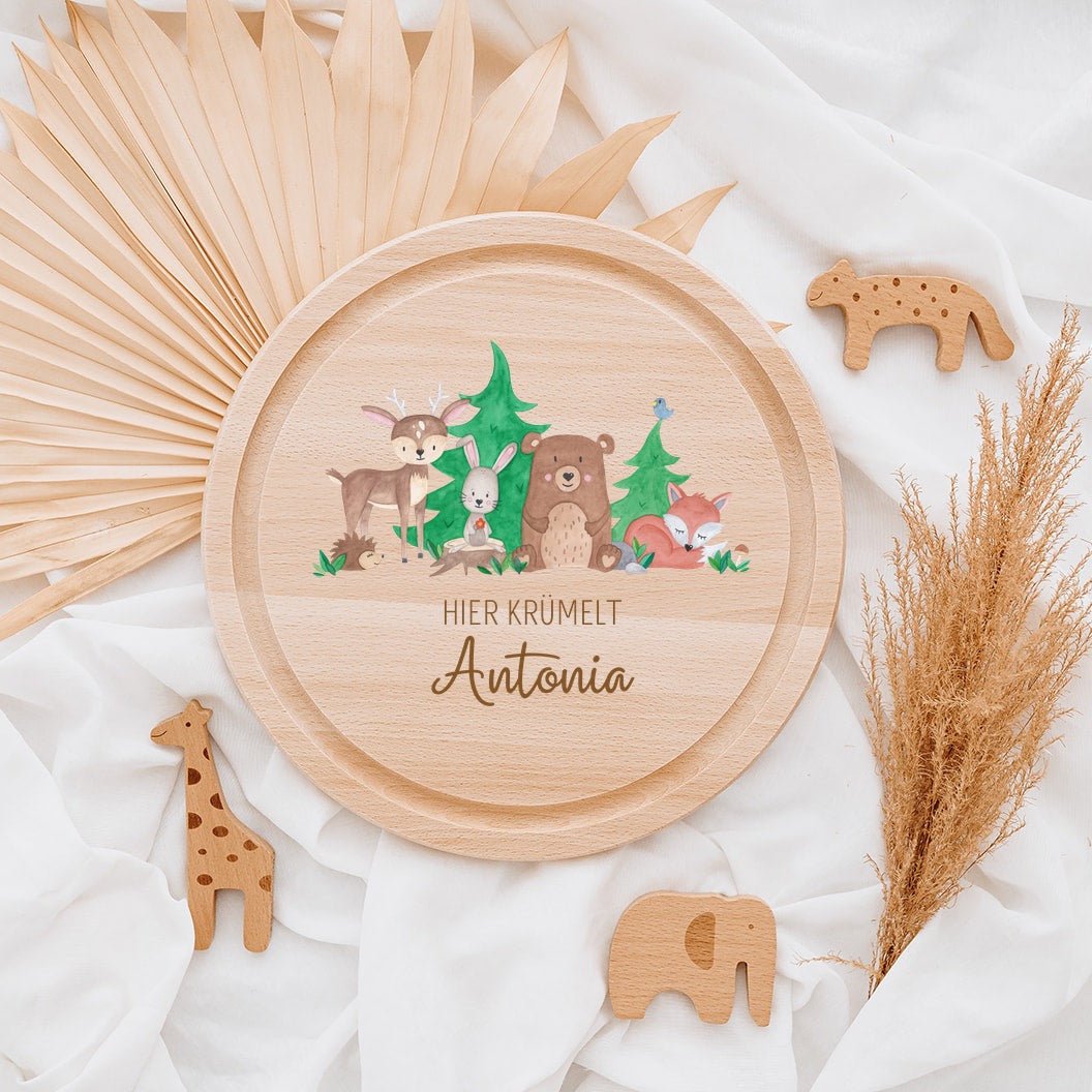 Schneidebrett Holz rund personalisiert - Waldfreunde Aquarell - wunderwunsch
