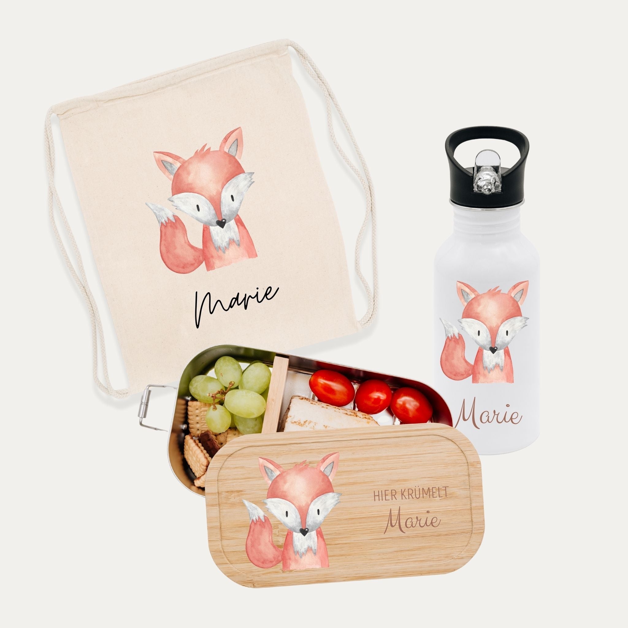 Schul - Start Bundle - Turnbeutel, Brotdose + Kinder Trinkflasche weiß personalisiert - Tier Aquarell - wunderwunsch