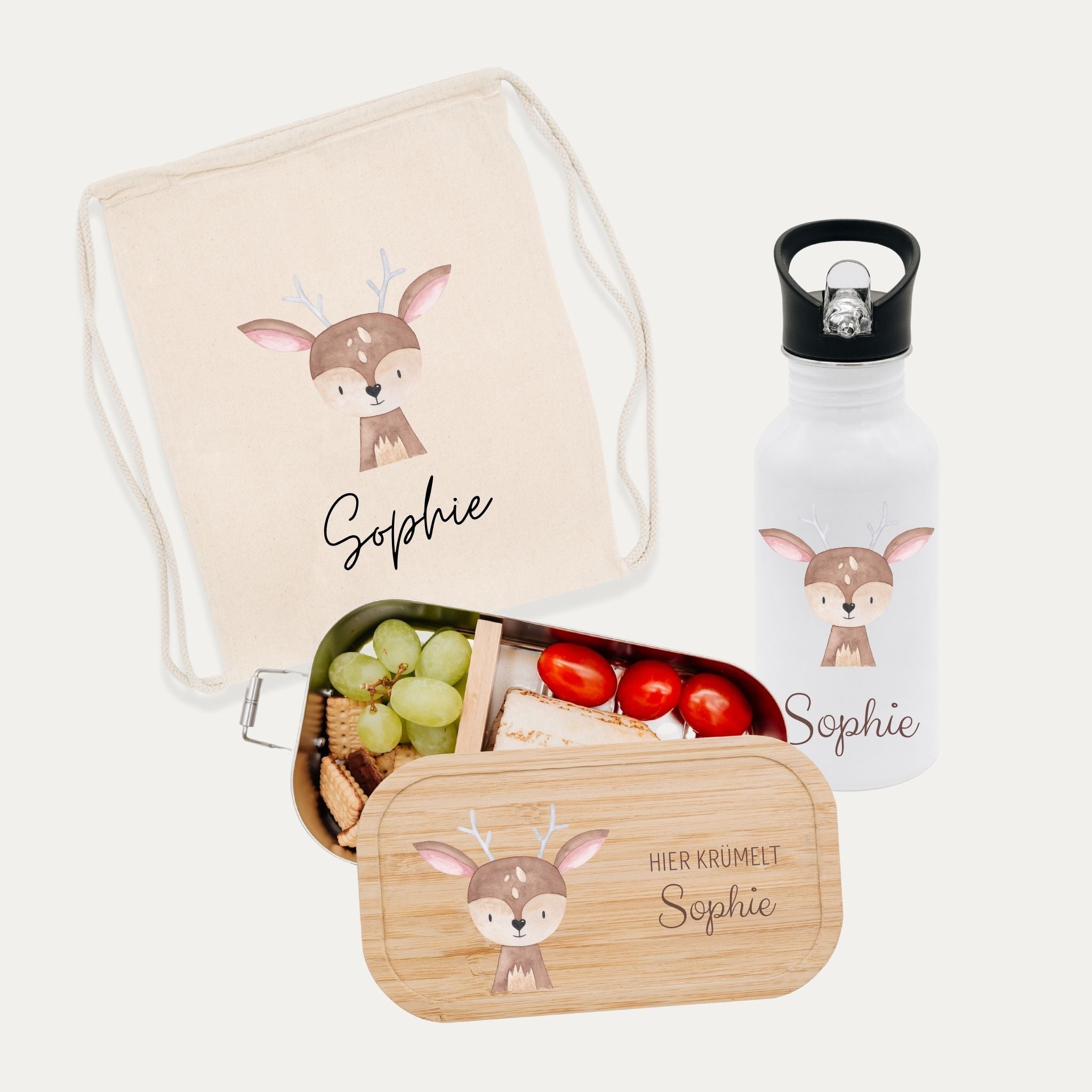 Schul - Start Bundle - Turnbeutel, Brotdose + Kinder Trinkflasche weiß personalisiert - Tier Aquarell - wunderwunsch