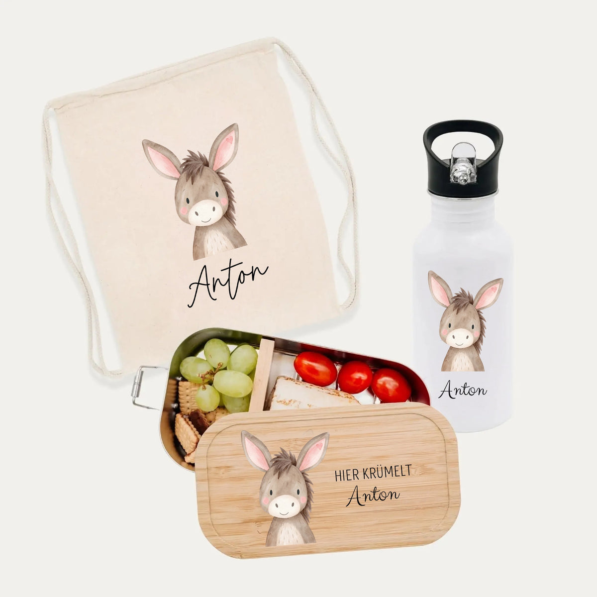 Schul-Start Bundle - Turnbeutel, Brotdose + Kinder Trinkflasche weiß personalisiert - Tier Aquarell - wunderwunsch