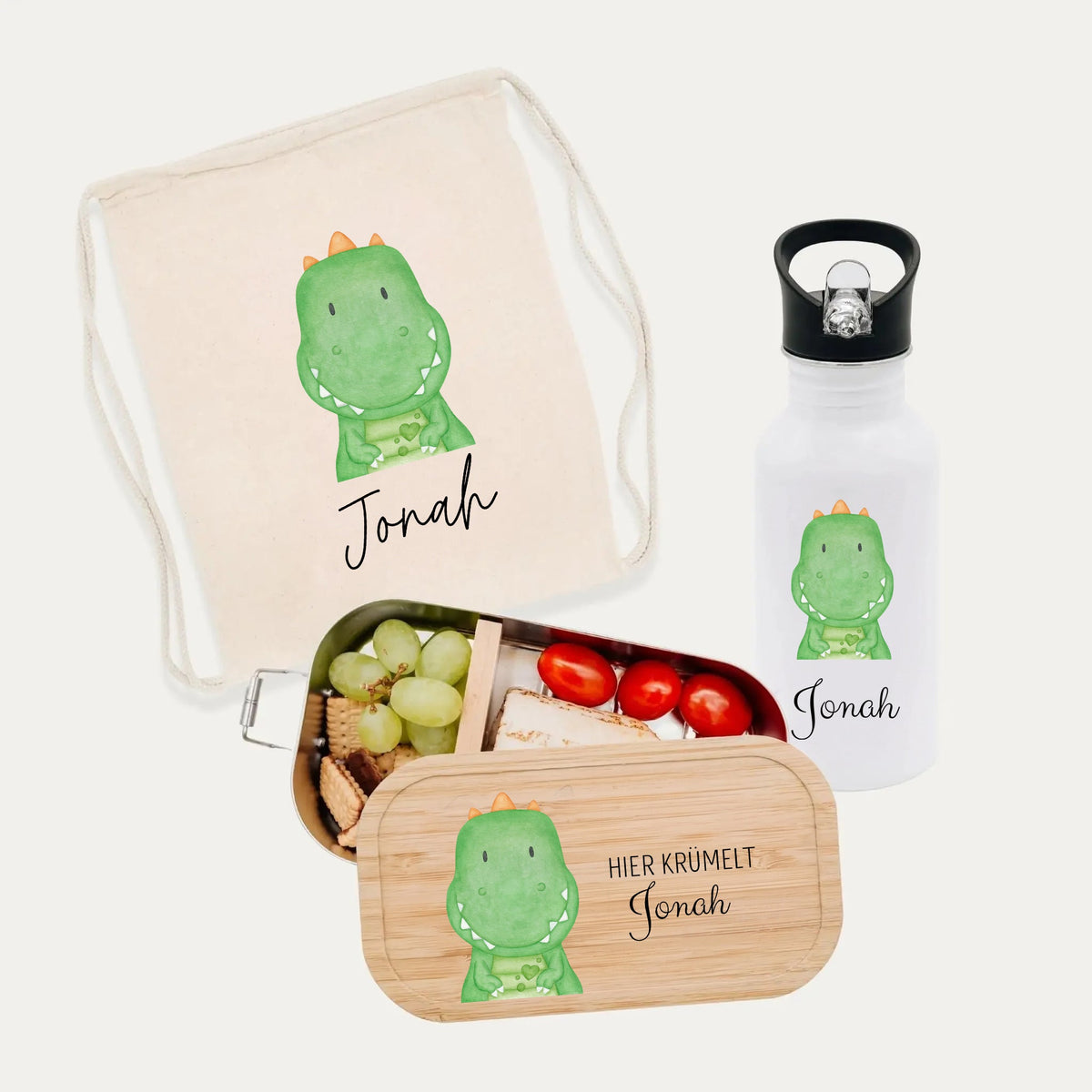 Schul-Start Bundle - Turnbeutel, Brotdose + Kinder Trinkflasche weiß personalisiert - Tier Aquarell - wunderwunsch
