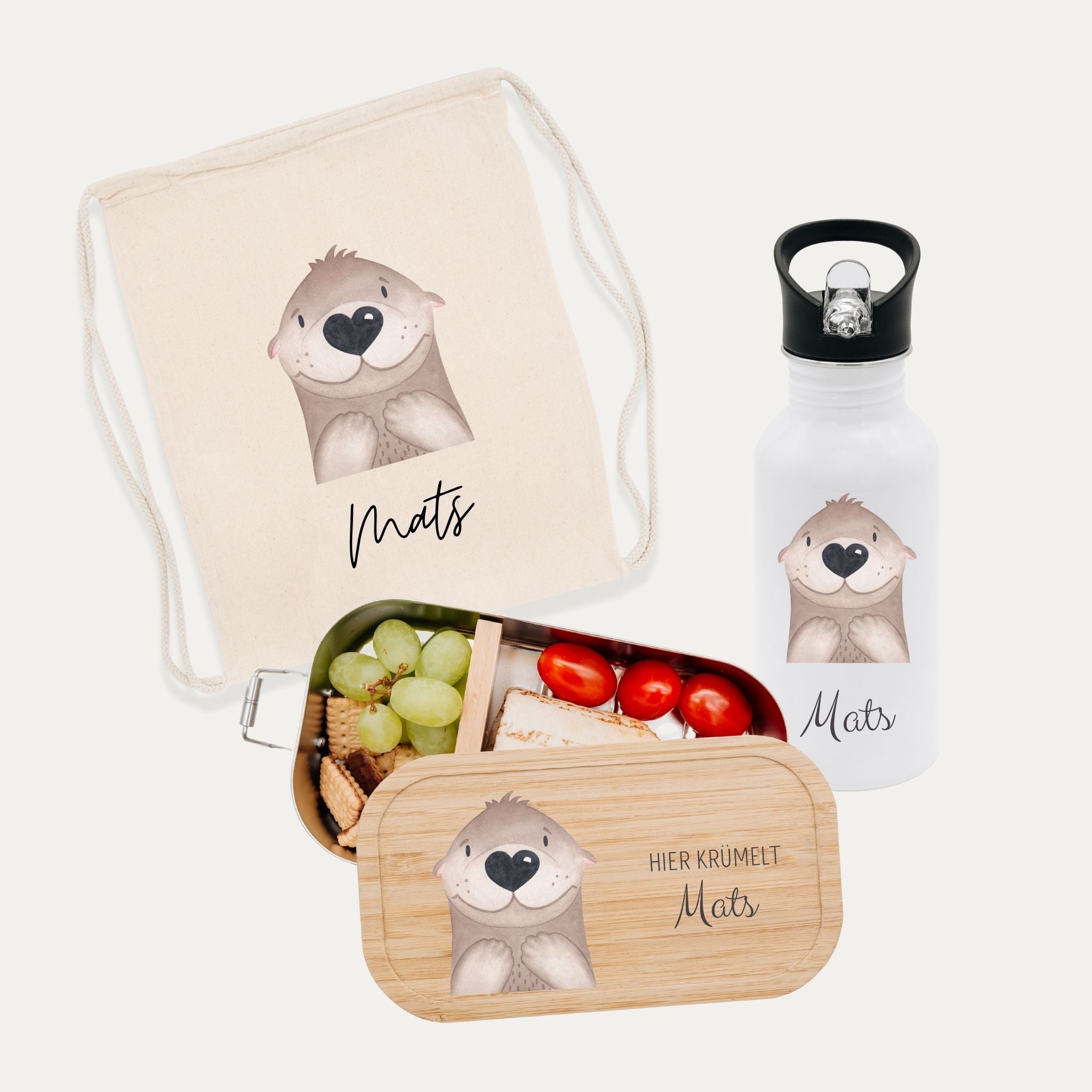 Schul - Start Bundle - Turnbeutel, Brotdose + Kinder Trinkflasche weiß personalisiert - Tier Aquarell - wunderwunsch