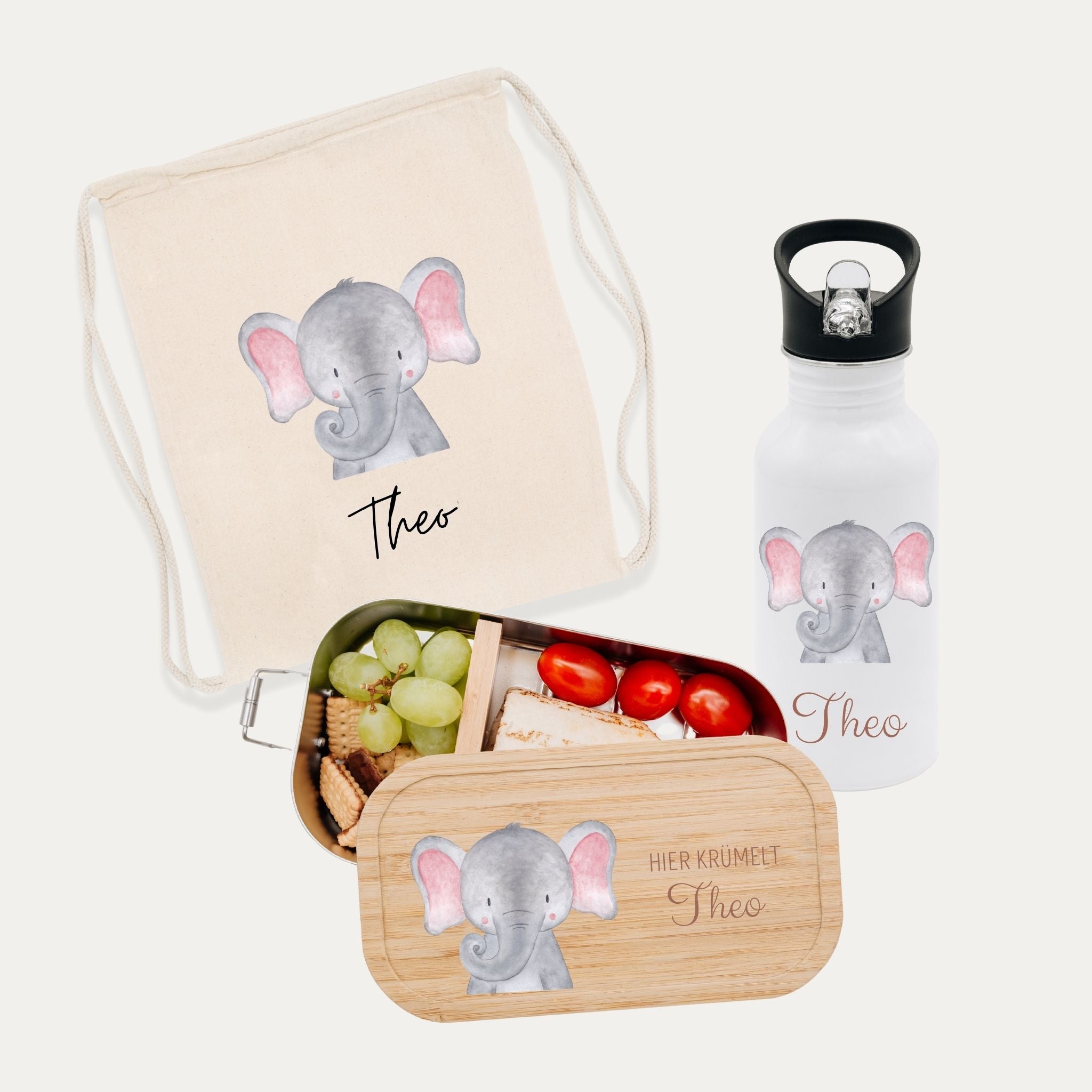 Schul - Start Bundle - Turnbeutel, Brotdose + Kinder Trinkflasche weiß personalisiert - Tier Aquarell - wunderwunsch