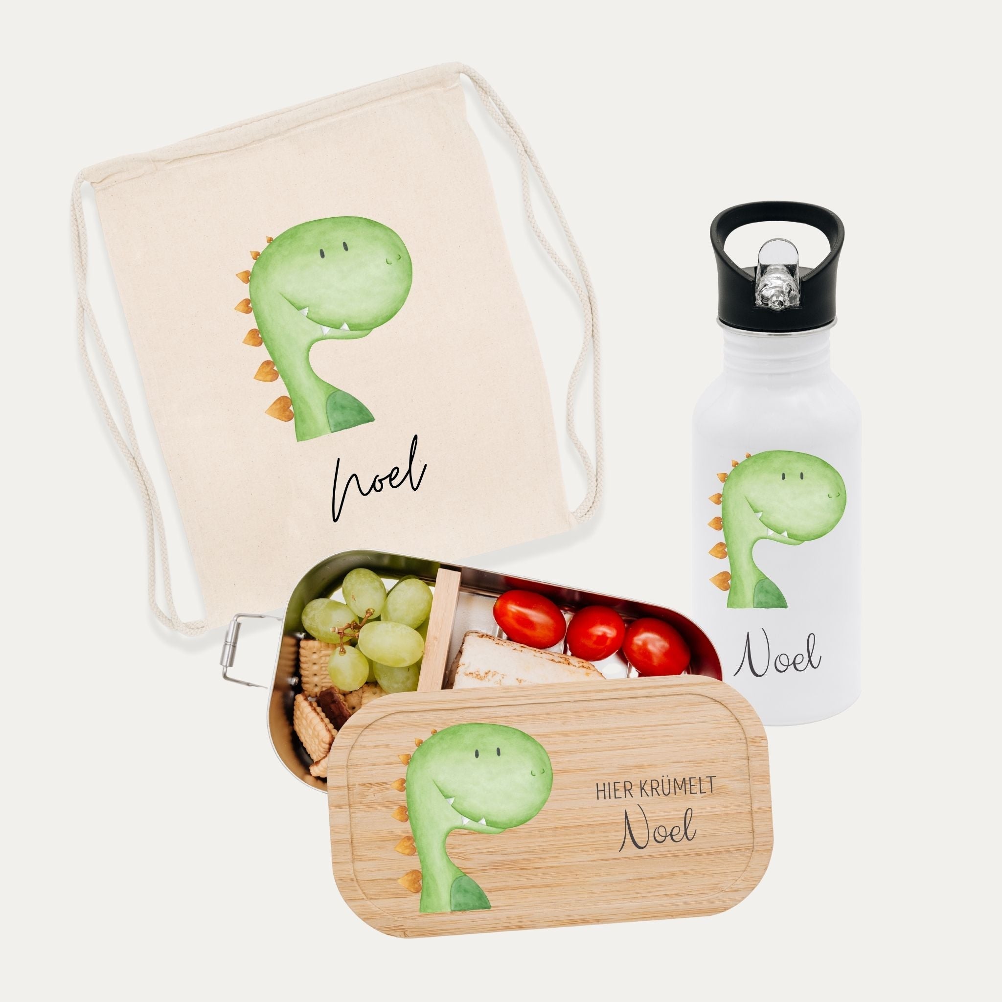 Schul - Start Bundle - Turnbeutel, Brotdose + Kinder Trinkflasche weiß personalisiert - Tier Aquarell - wunderwunsch