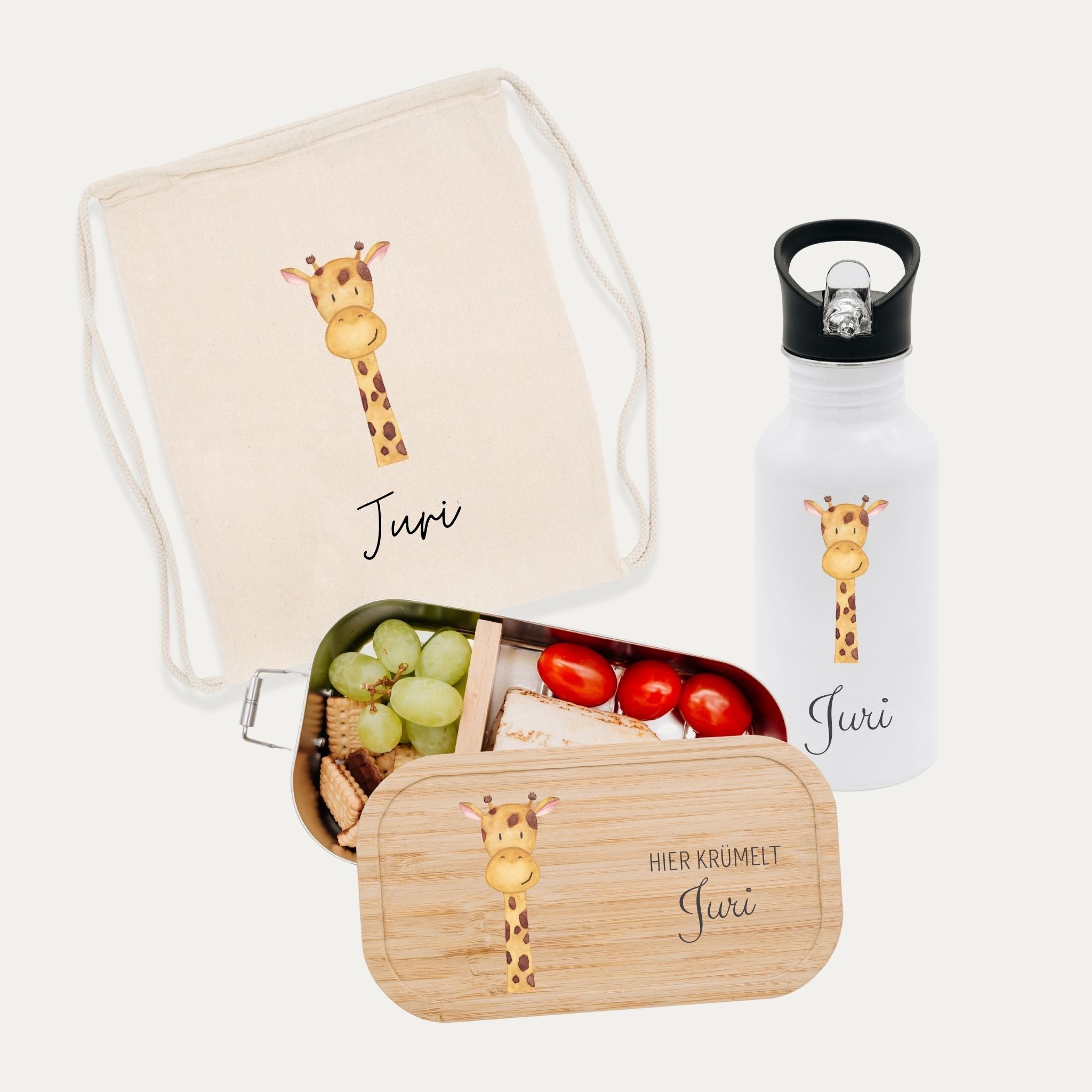 Schul - Start Bundle - Turnbeutel, Brotdose + Kinder Trinkflasche weiß personalisiert - Tier Aquarell - wunderwunsch