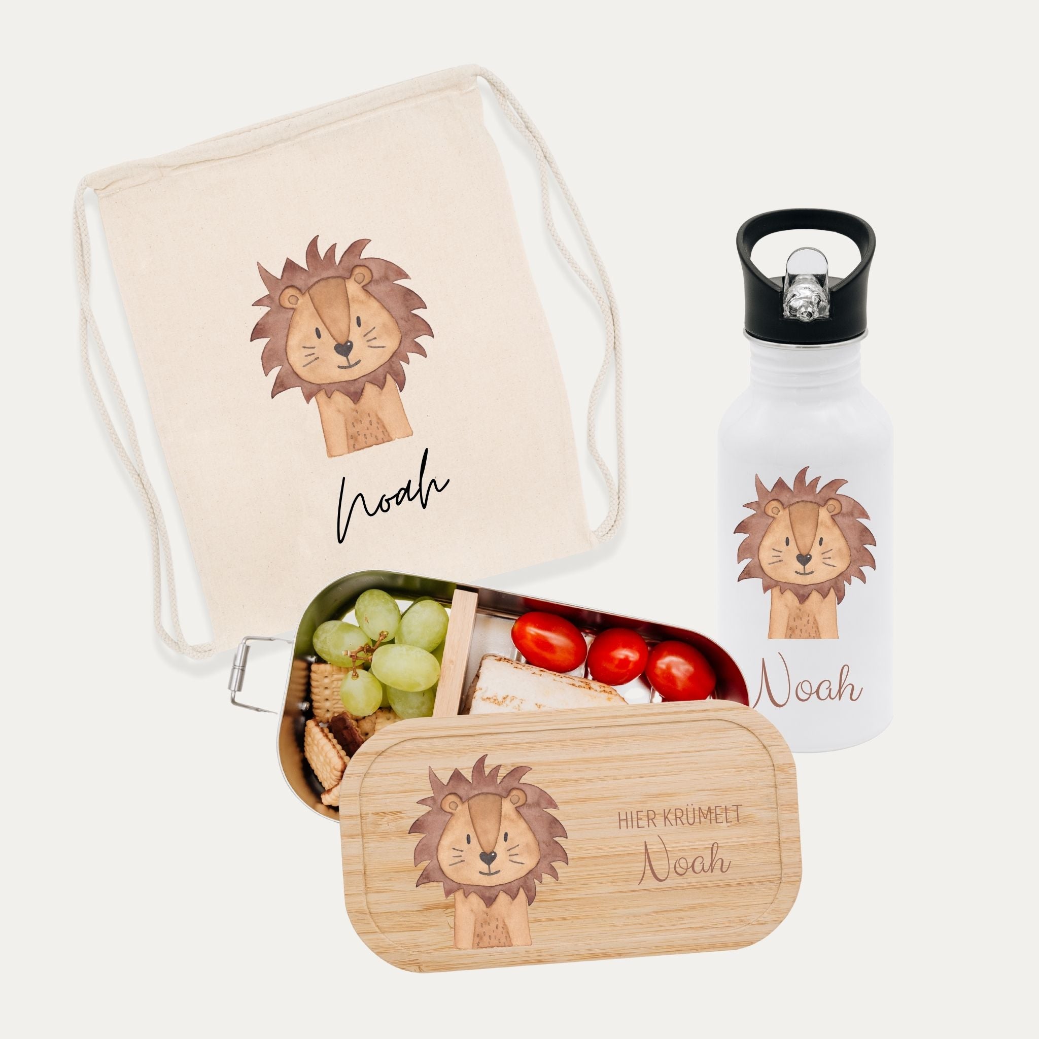 Schul - Start Bundle - Turnbeutel, Brotdose + Kinder Trinkflasche weiß personalisiert - Tier Aquarell - wunderwunsch