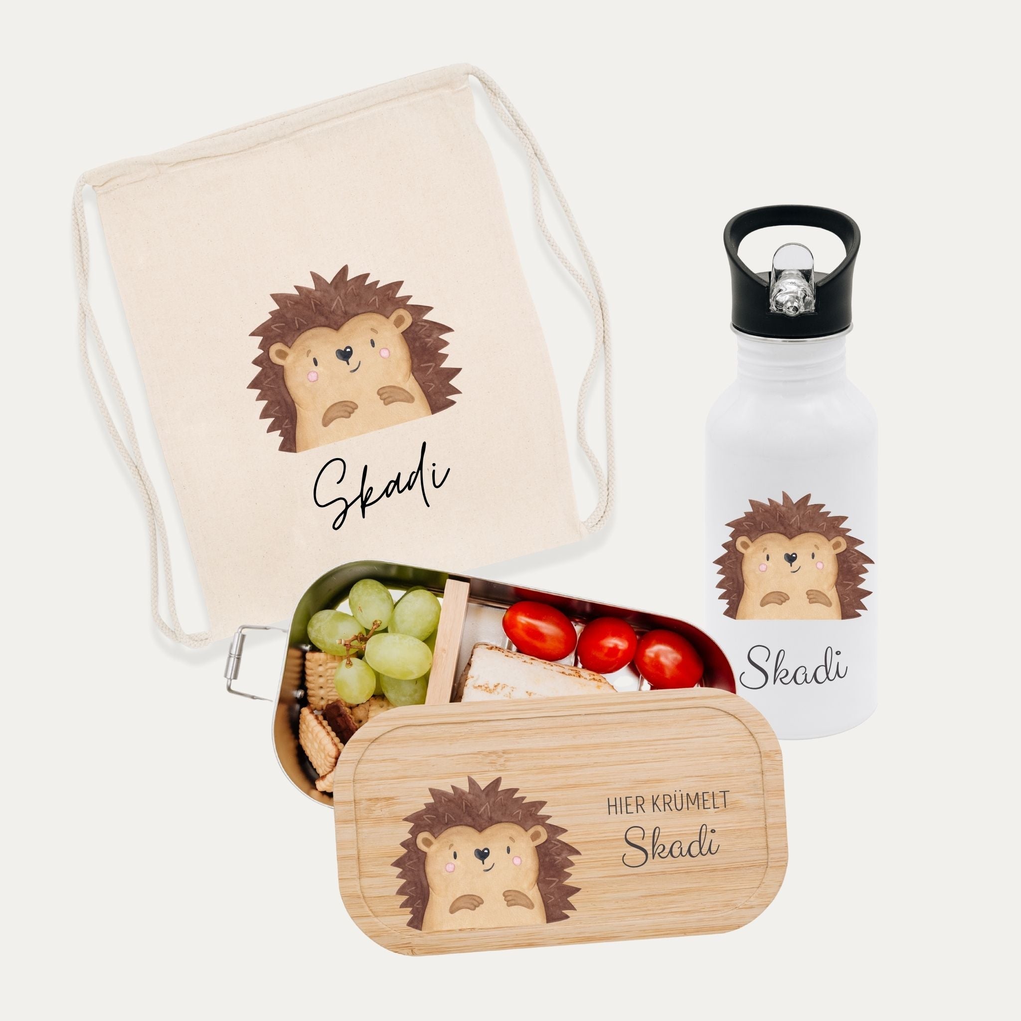 Schul - Start Bundle - Turnbeutel, Brotdose + Kinder Trinkflasche weiß personalisiert - Tier Aquarell - wunderwunsch