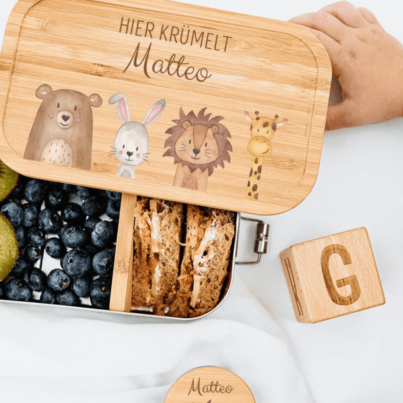 SET Brotdose + Trinkflasche Edelstahl personalisiert - Tiere unten Aquarell - wunderwunsch