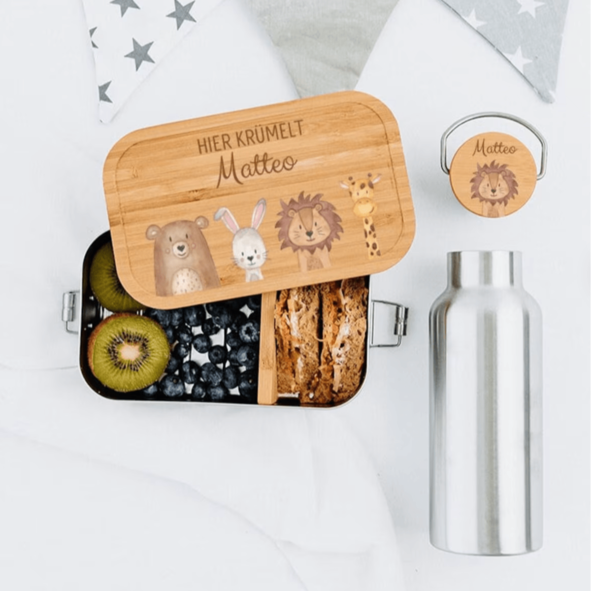 SET Brotdose + Trinkflasche Edelstahl personalisiert - Tiere unten Aquarell - wunderwunsch