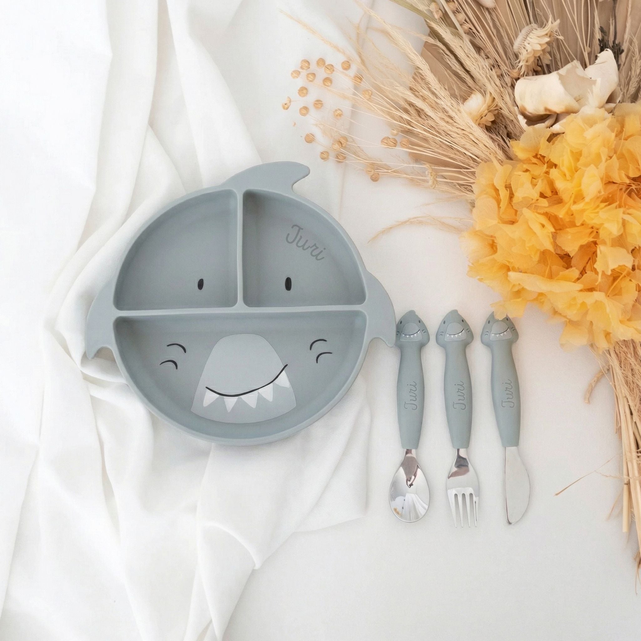SET Silikon - Esslernteller mit Saugnapf + Besteck - Tier - wunderwunsch