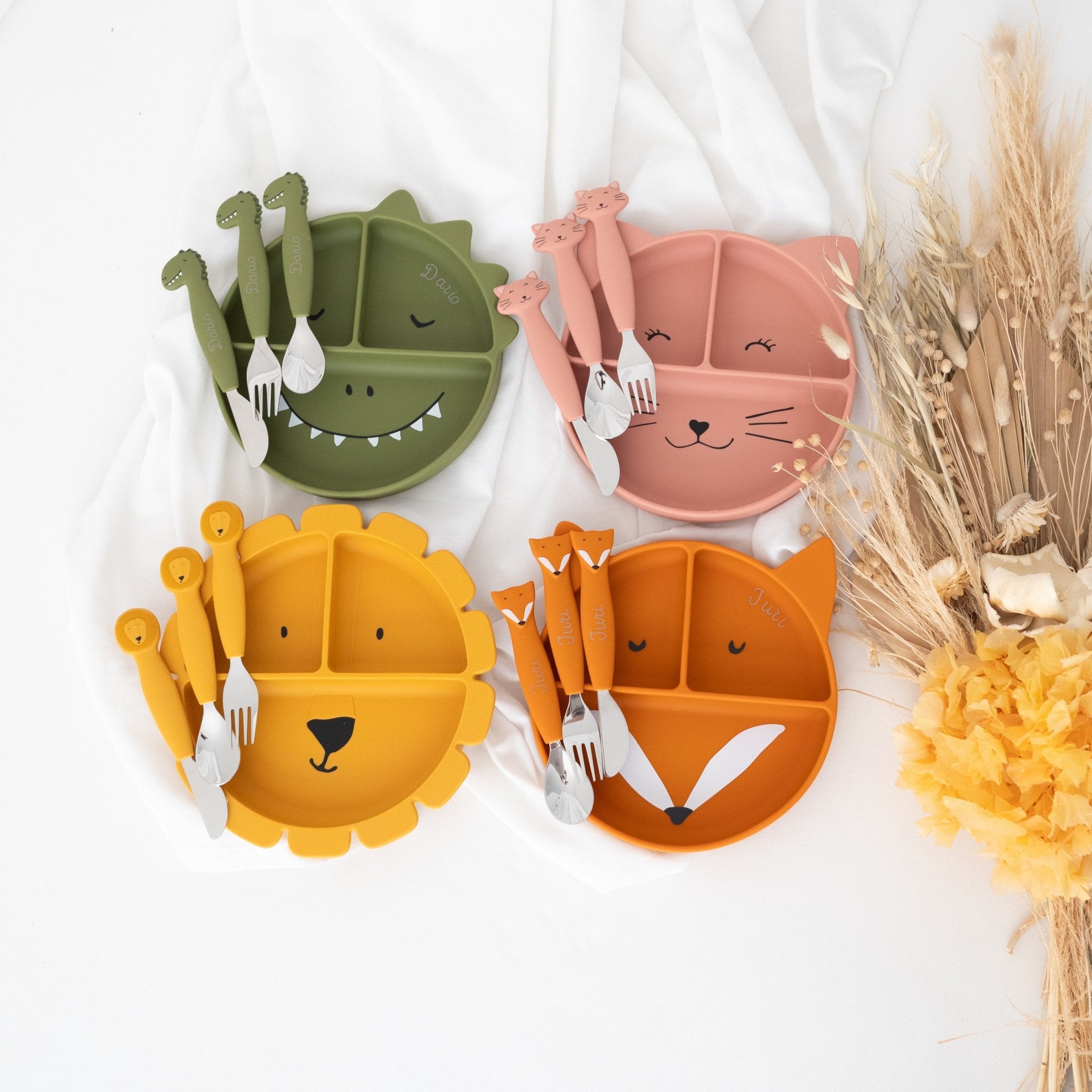 SET Silikon - Esslernteller mit Saugnapf + Besteck - Tier - wunderwunsch