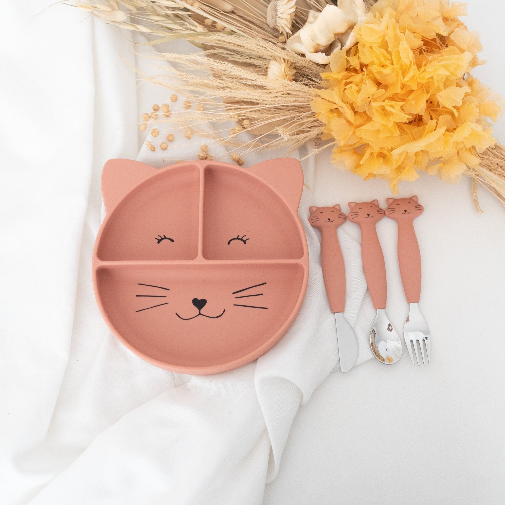 SET Silikon - Esslernteller mit Saugnapf + Besteck - Tier - wunderwunsch