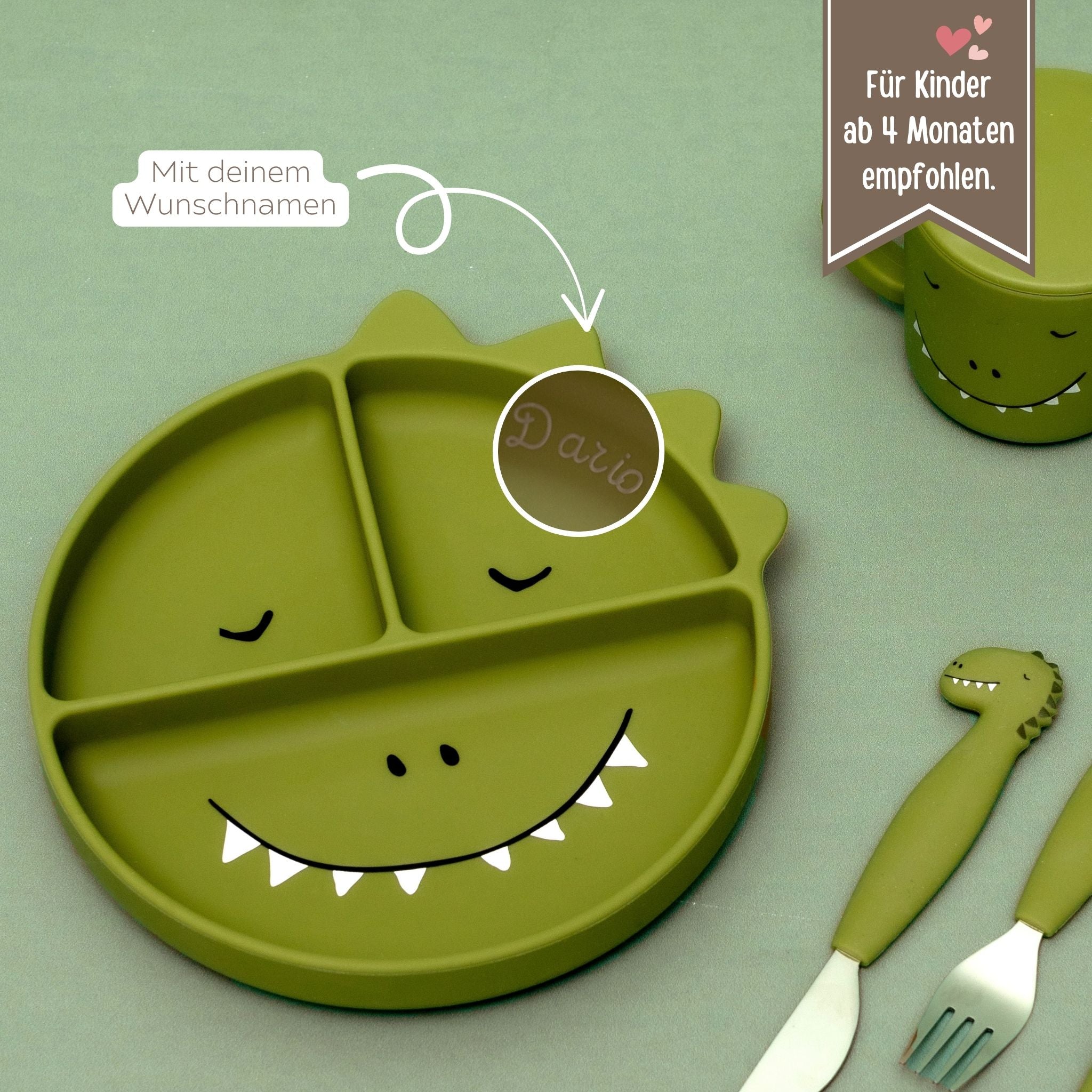 SET Silikon - Esslernteller mit Saugnapf + Besteck - Tier - wunderwunsch