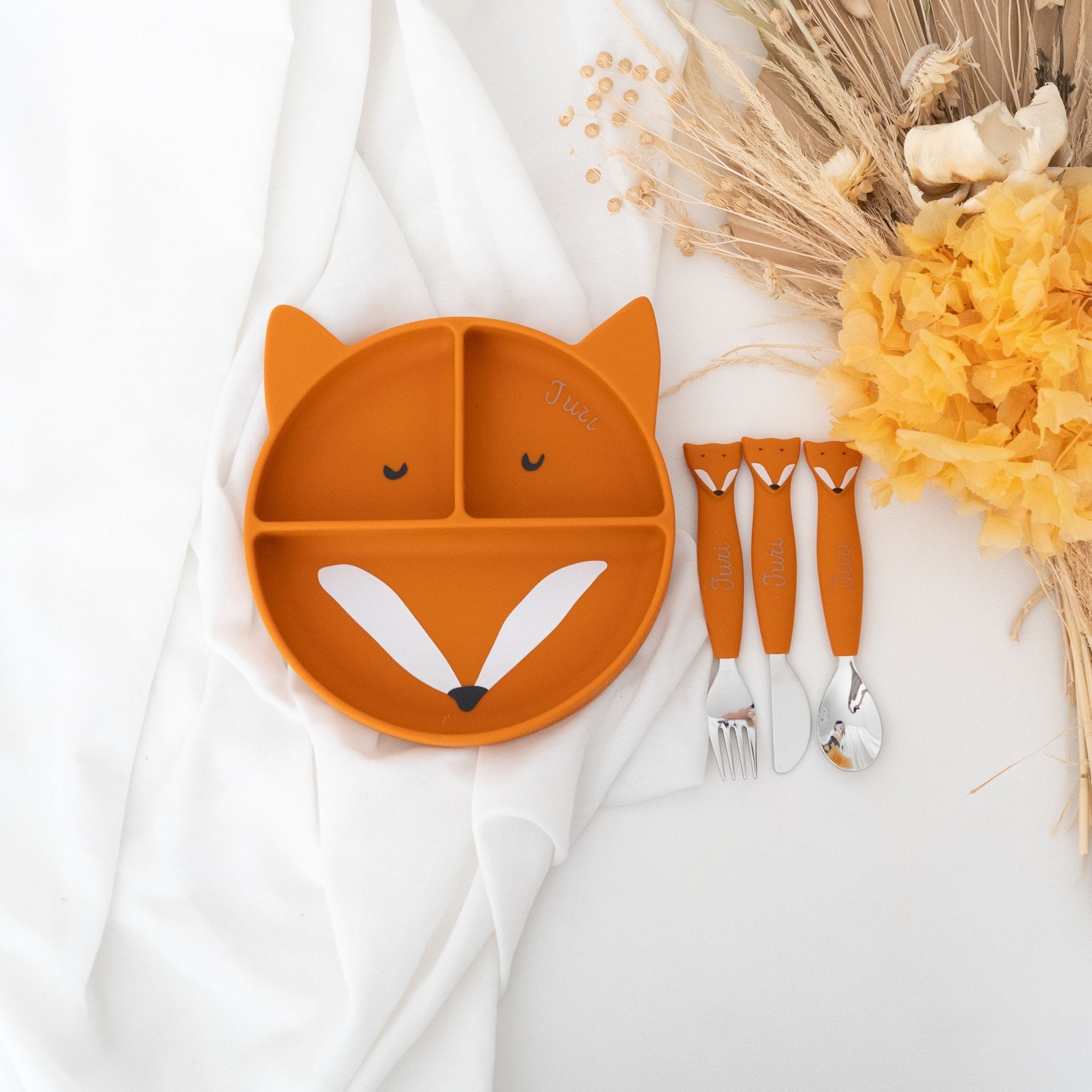 SET Silikon - Esslernteller mit Saugnapf + Besteck - Tier - wunderwunsch