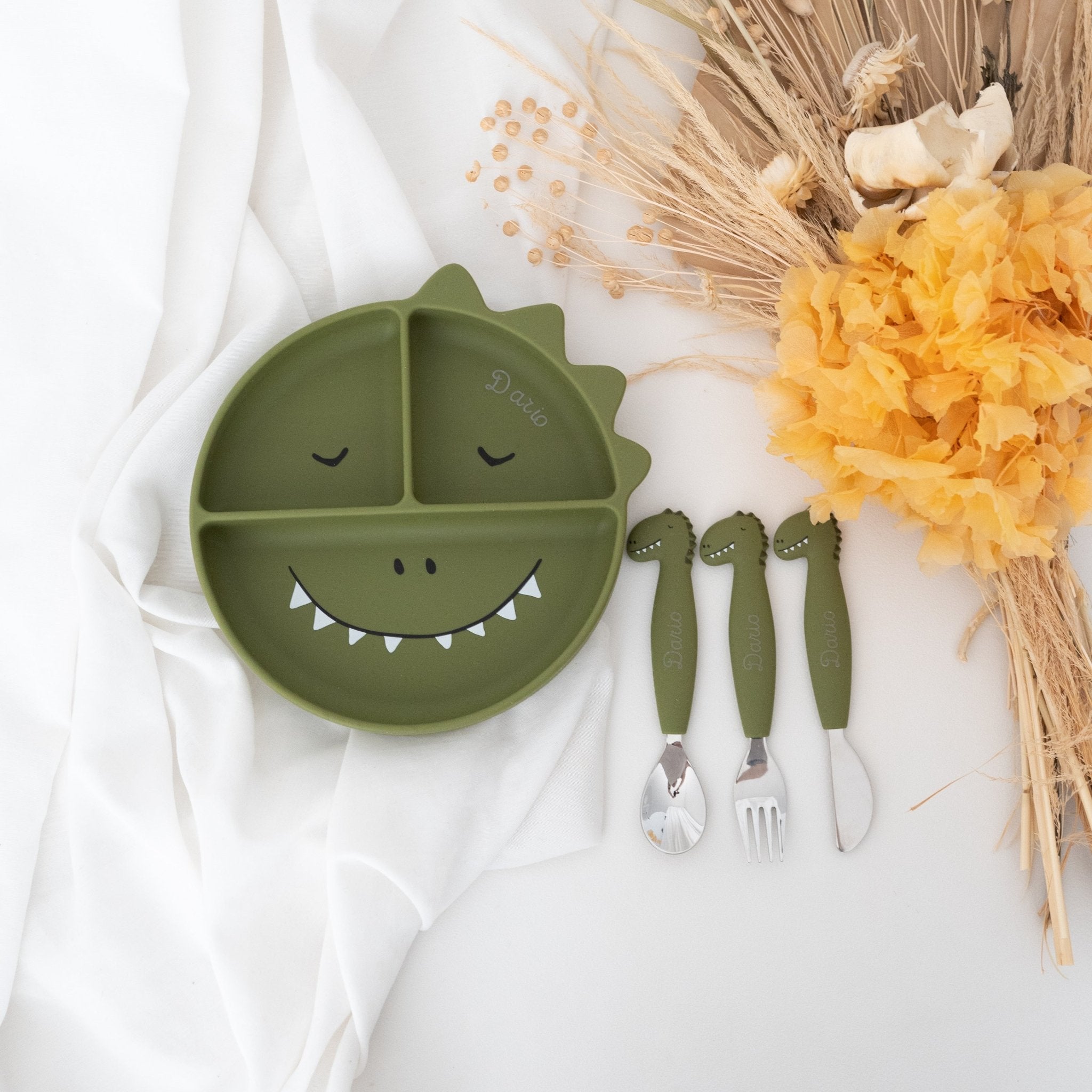 SET Silikon - Esslernteller mit Saugnapf + Besteck - Tier - wunderwunsch