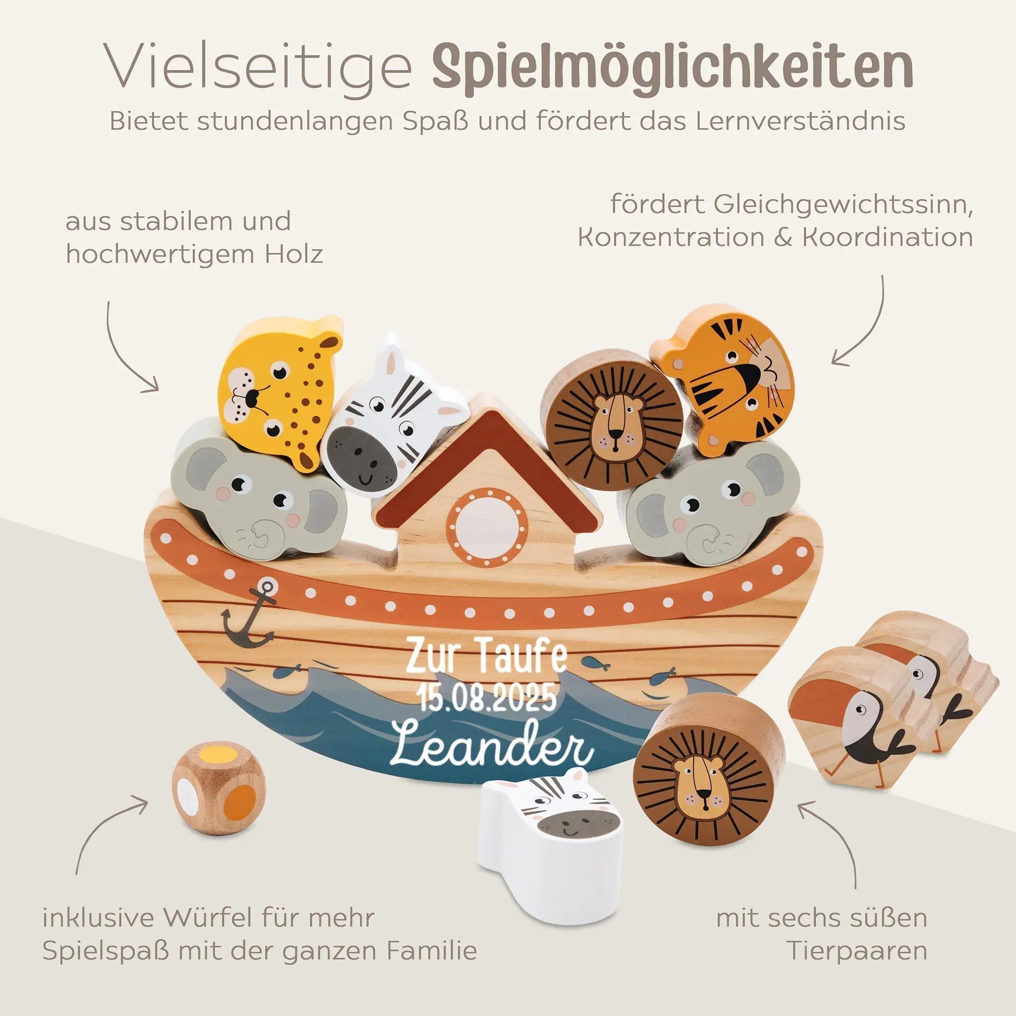 SMALL FOOT Balancierspiel Arche Noah Safari Tiere personalisiert - wunderwunsch