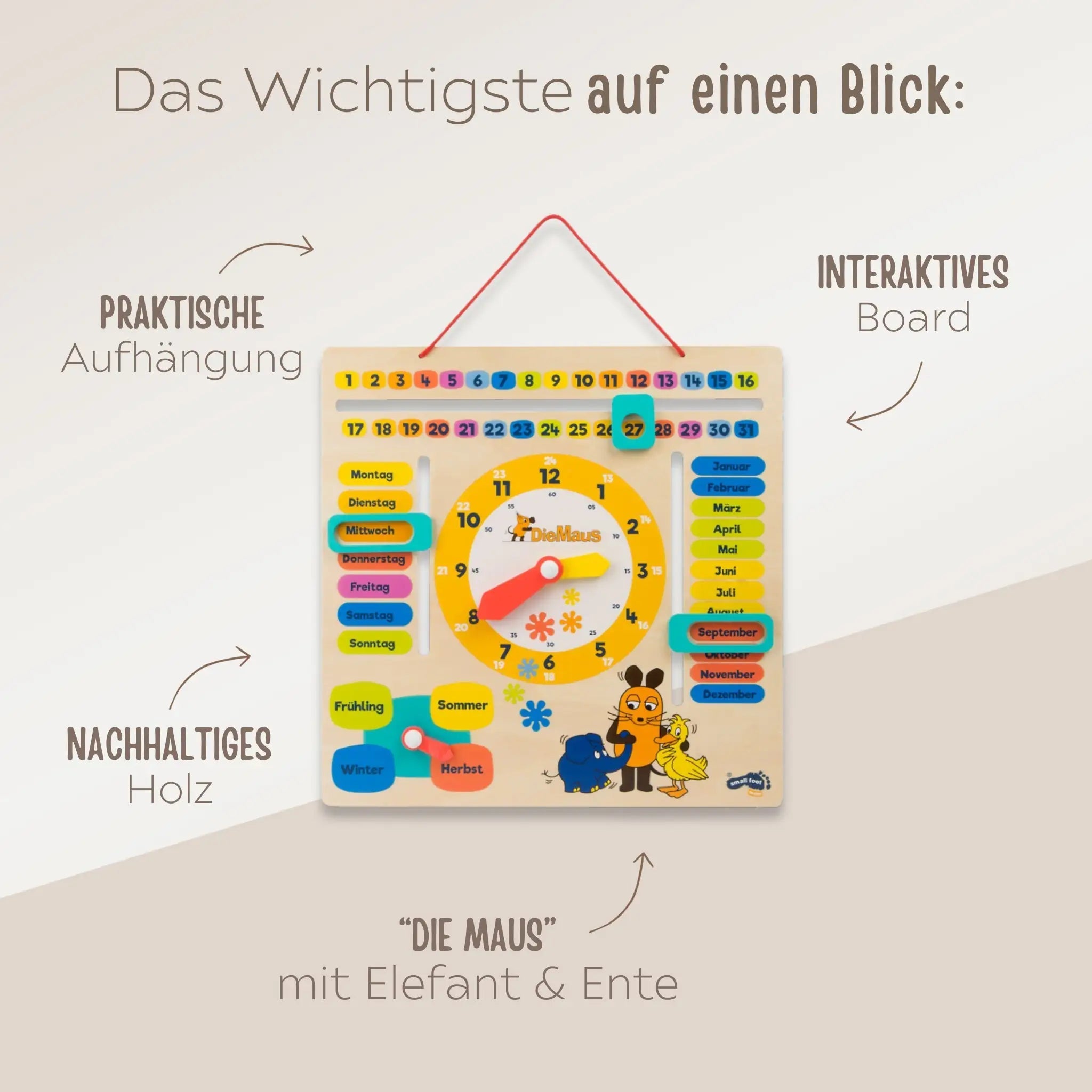 SMALL FOOT Lernuhr mit Kalender - Die Maus - wunderwunsch