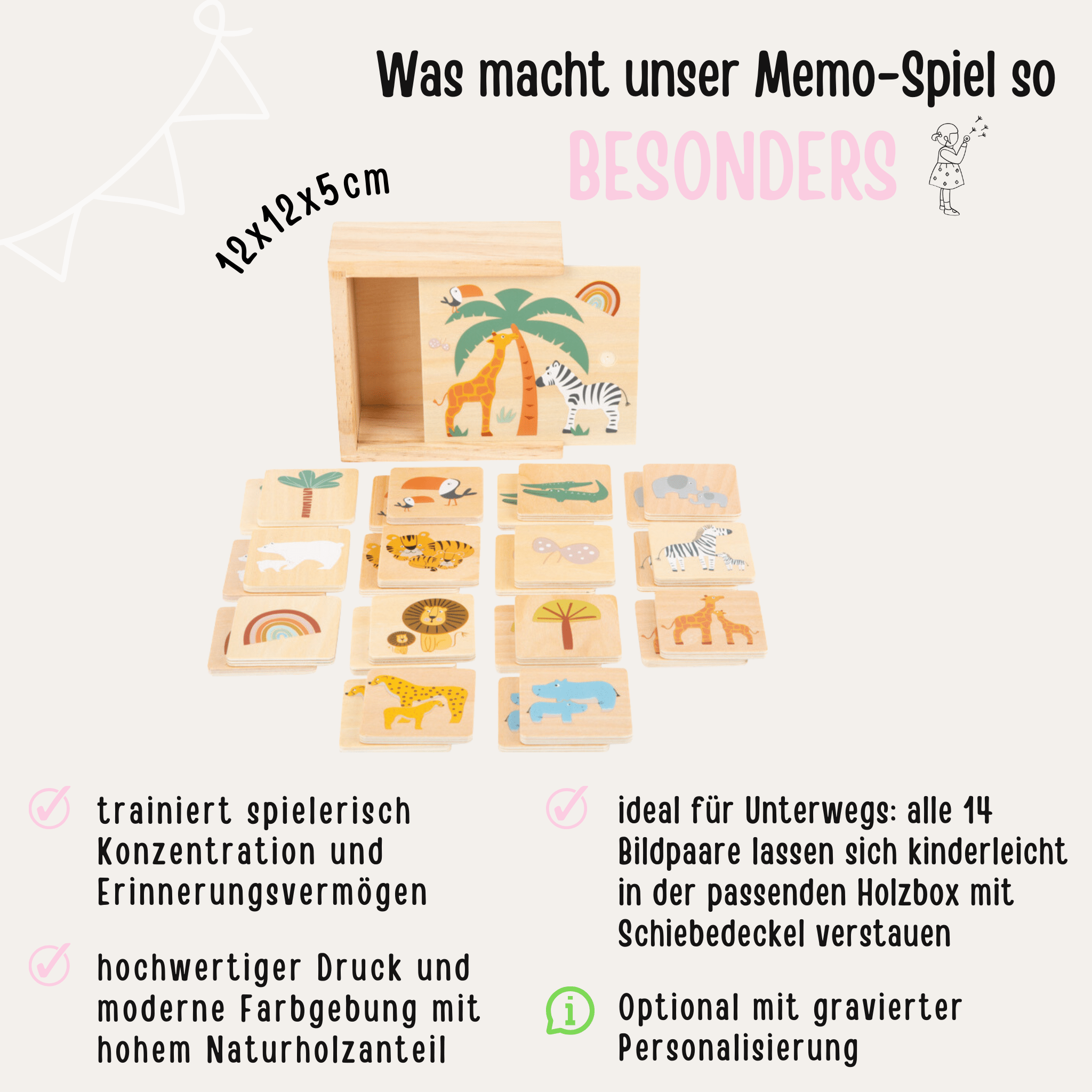 SMALL FOOT Memo Spiel Safari Holz personalisiert - wunderwunsch