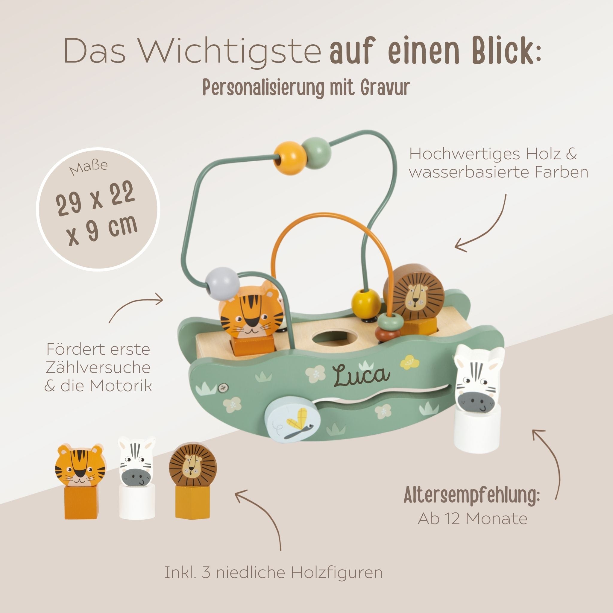 SMALL FOOT Motorikschleife Wippe "Safari Tiere" personalisiert - wunderwunsch