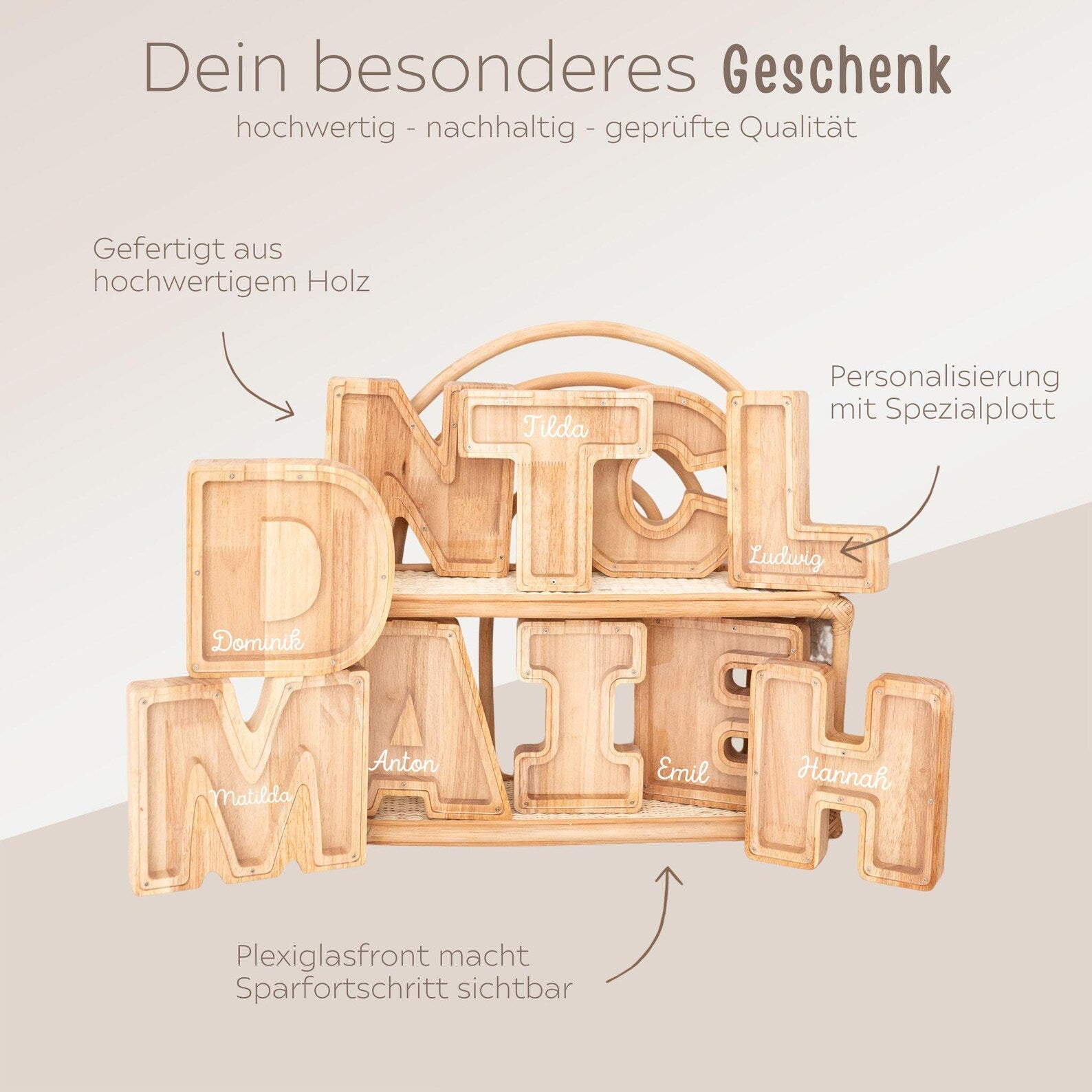 Spardose Holz mit Wunschnamen - Buchstaben - wunderwunsch