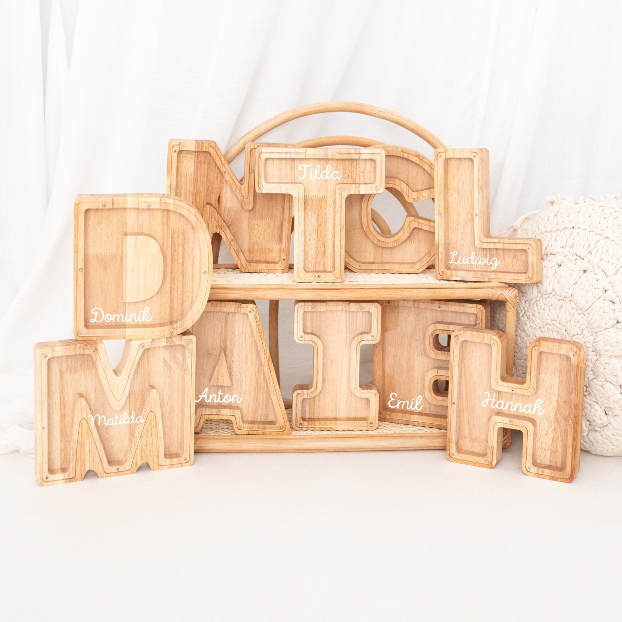 Spardose Holz mit Wunschnamen - Buchstaben - wunderwunsch
