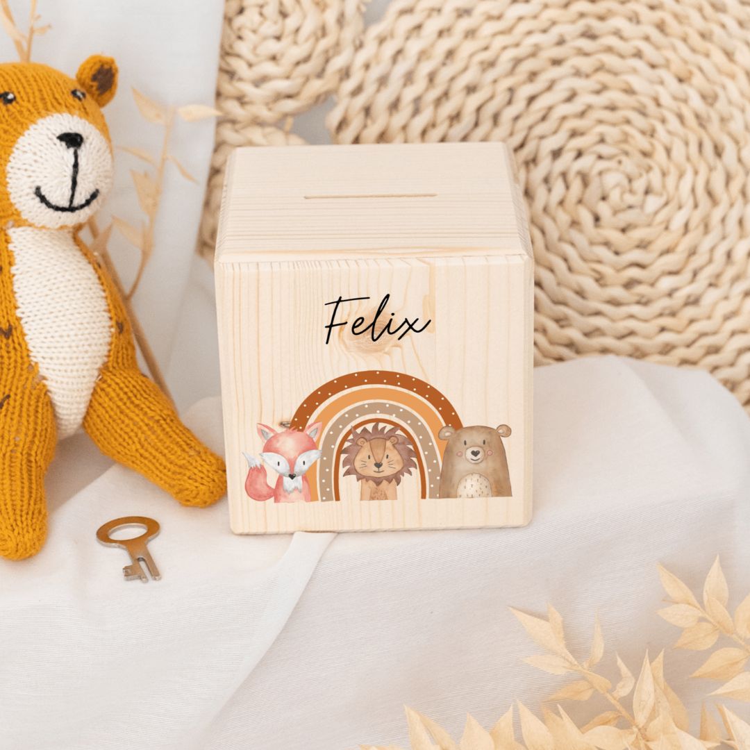 Spardose Holz personalisiert - Fuchs, Löwe, Bär Regenbogen Aquarell - wunderwunsch