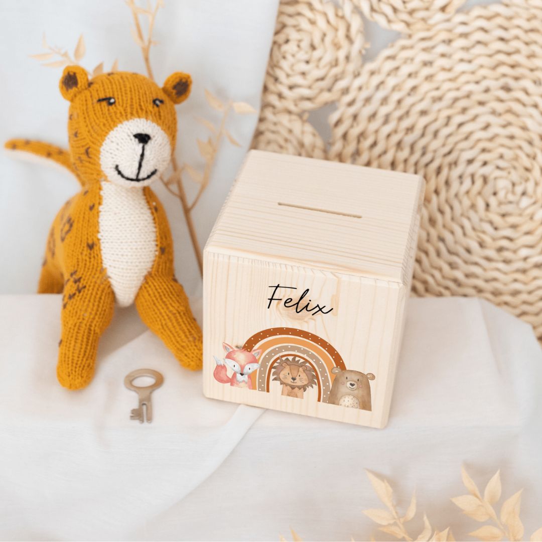 Spardose Holz personalisiert - Fuchs, Löwe, Bär Regenbogen Aquarell - wunderwunsch