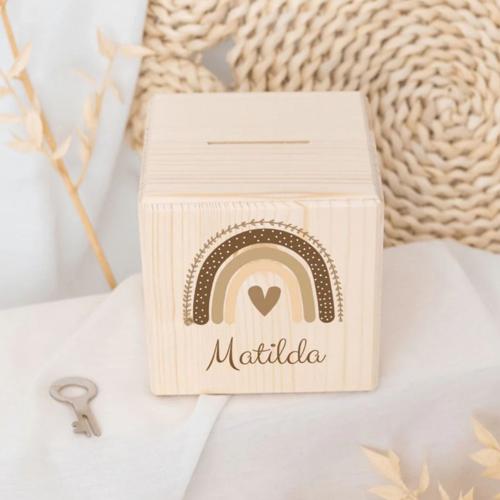 Spardose Holz personalisiert - Regenbogen Boho beige Aquarell - wunderwunsch