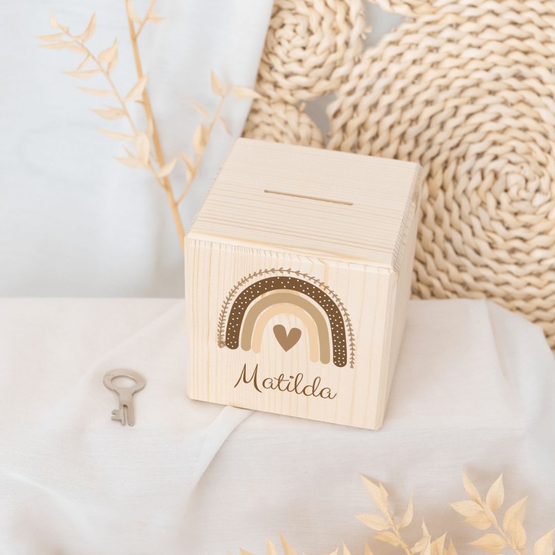 Spardose Holz personalisiert - Regenbogen Boho beige Aquarell - wunderwunsch