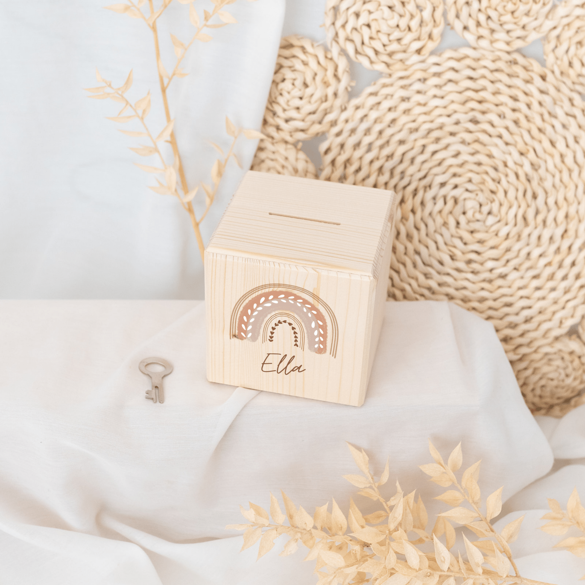 Spardose Holz personalisiert - Regenbogen Boho pastell Aquarell - wunderwunsch