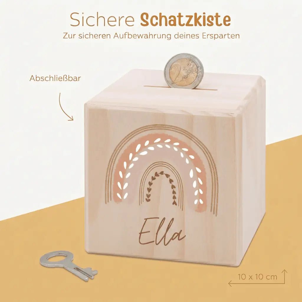 Spardose Holz personalisiert - Regenbogen Boho pastell Aquarell - wunderwunsch