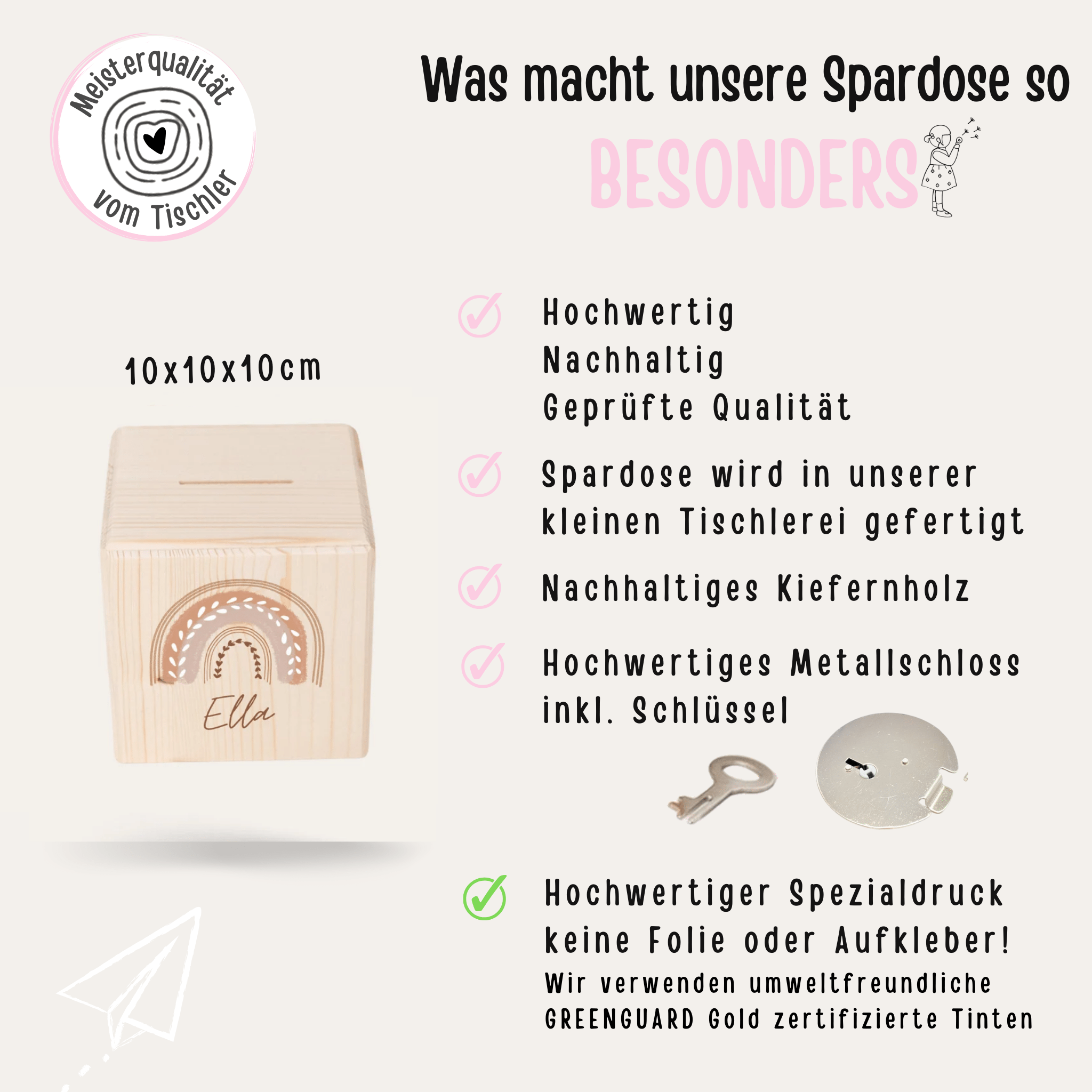 Spardose Holz personalisiert - Regenbogen Boho pastell Aquarell - wunderwunsch