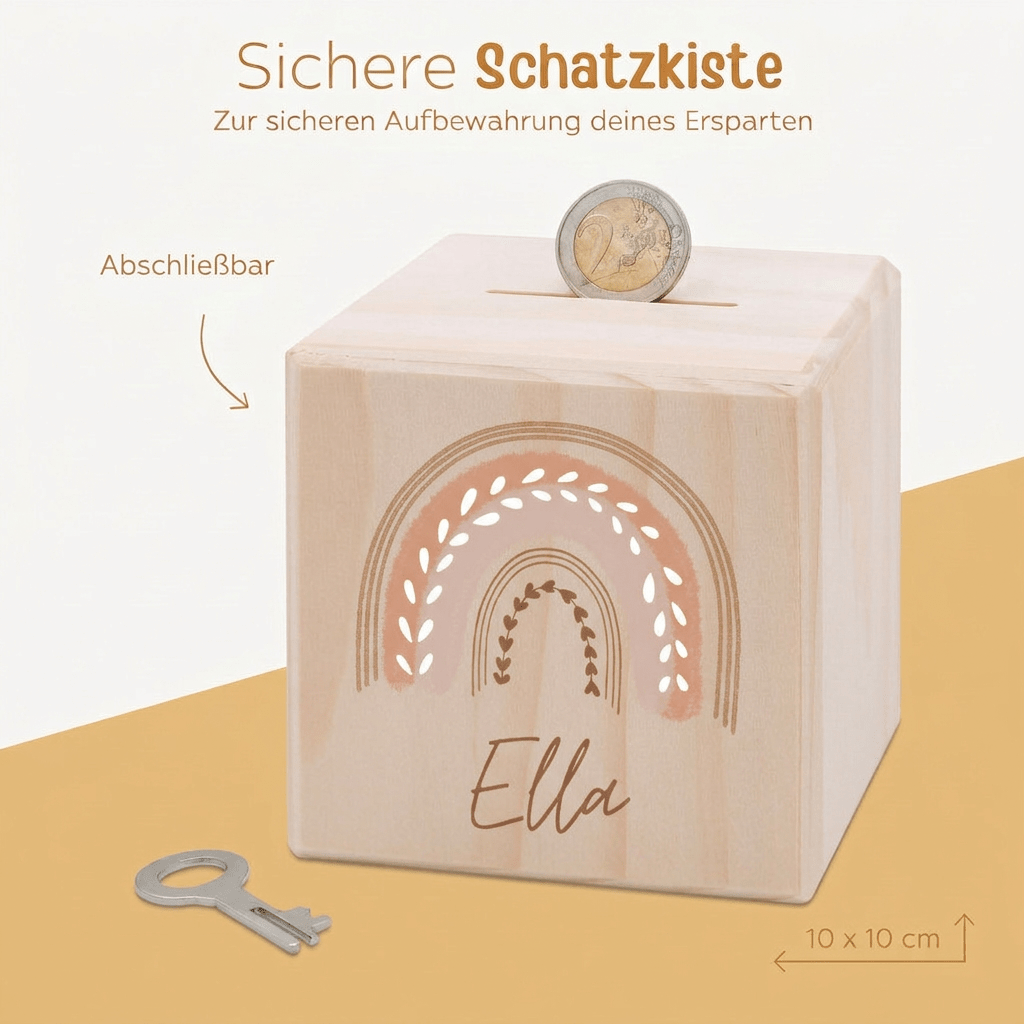 Spardose Holz personalisiert - Regenbogen Boho pastell Aquarell - wunderwunsch