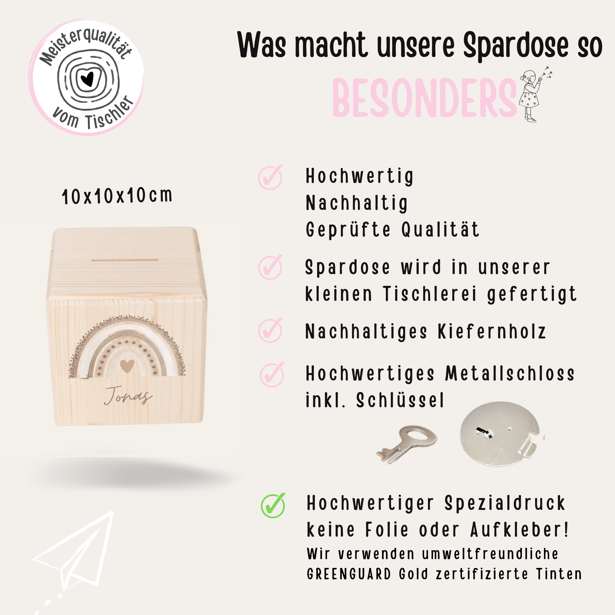 Spardose Holz personalisiert - Regenbogen Punkte Aquarell - wunderwunsch