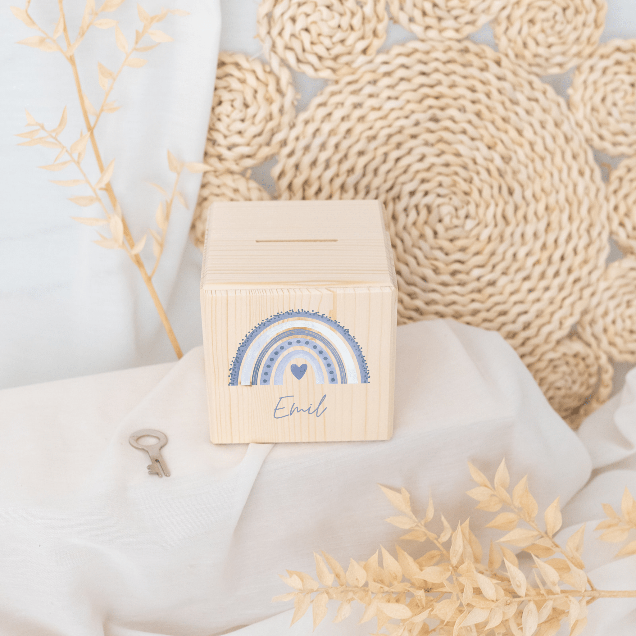 Spardose Holz personalisiert - Regenbogen Punkte Aquarell - wunderwunsch