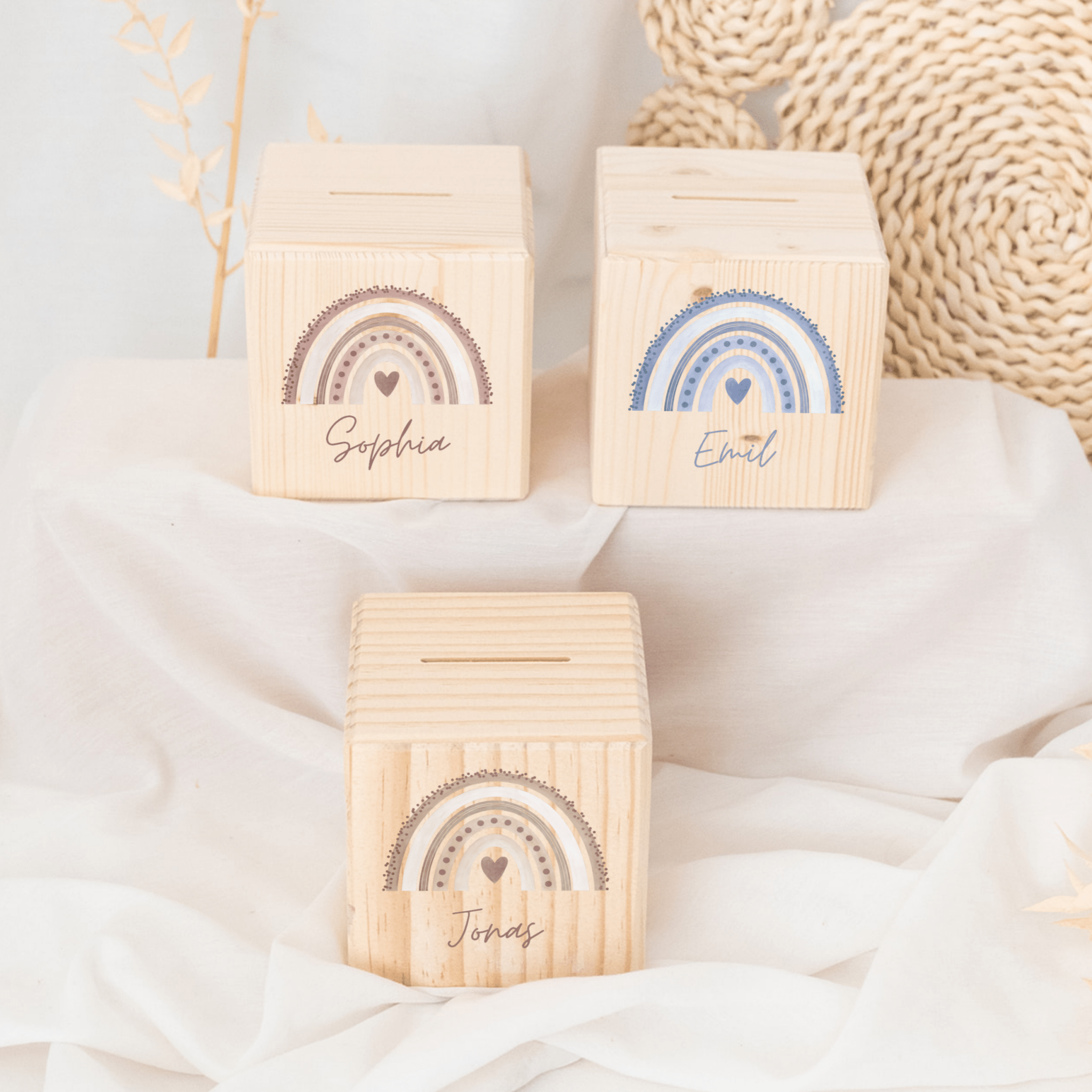 Spardose Holz personalisiert - Regenbogen Punkte Aquarell - wunderwunsch