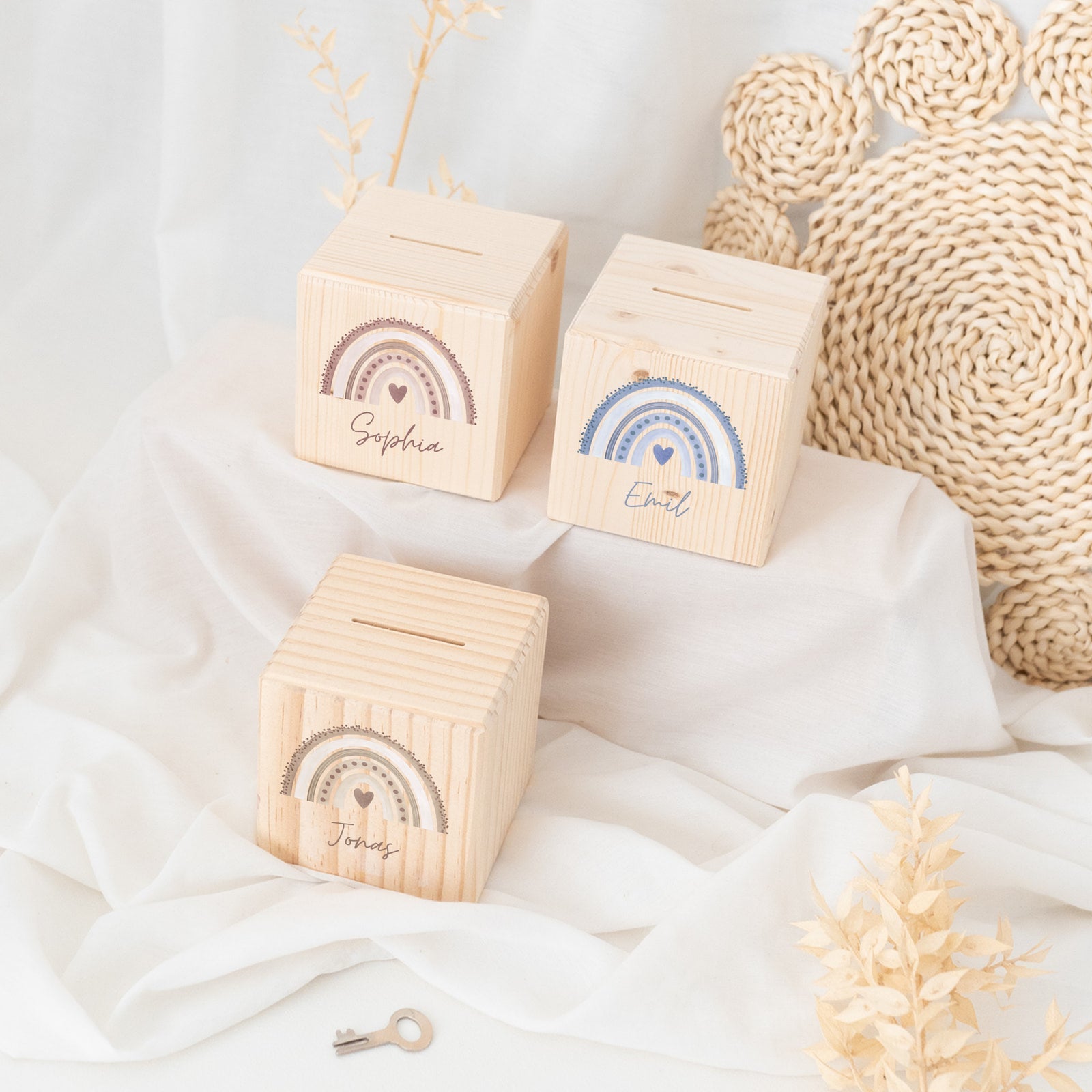Spardose Holz personalisiert - Regenbogen Punkte Aquarell - wunderwunsch