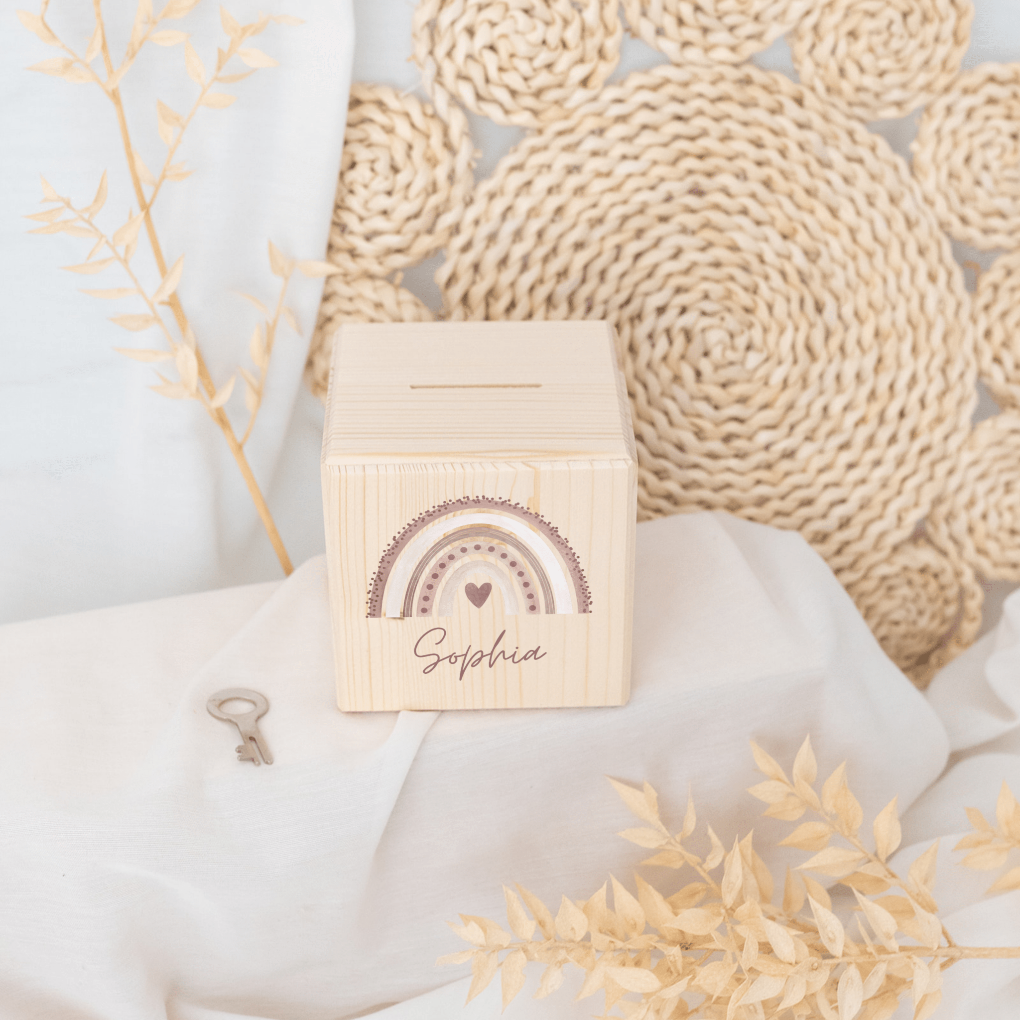 Spardose Holz personalisiert - Regenbogen Punkte Aquarell - wunderwunsch