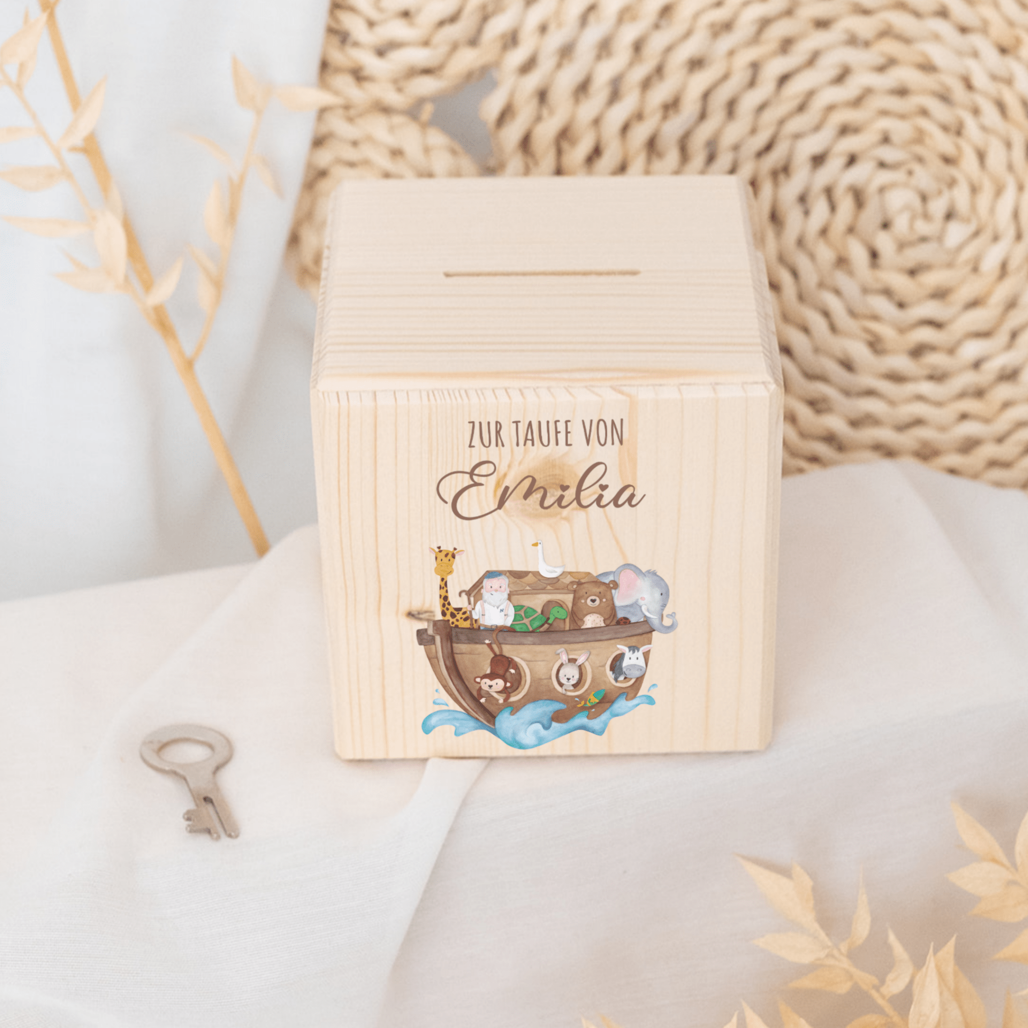 Spardose Holz personalisiert - Taufe Arche Noah Tiere Aquarell - wunderwunsch