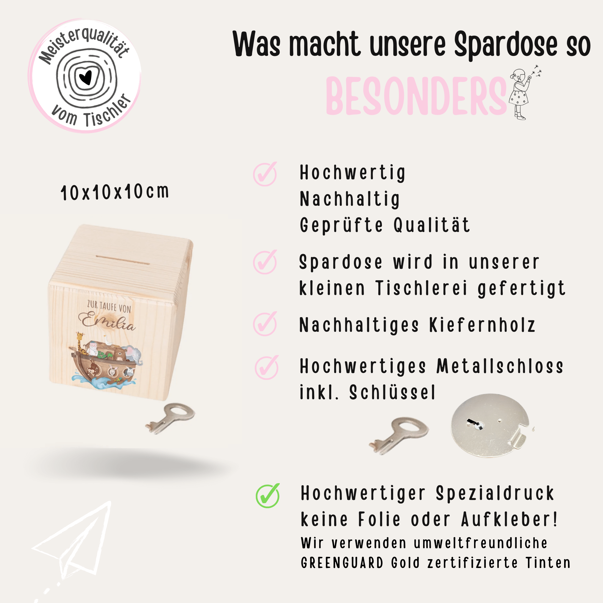 Spardose Holz personalisiert - Taufe Arche Noah Tiere Aquarell - wunderwunsch