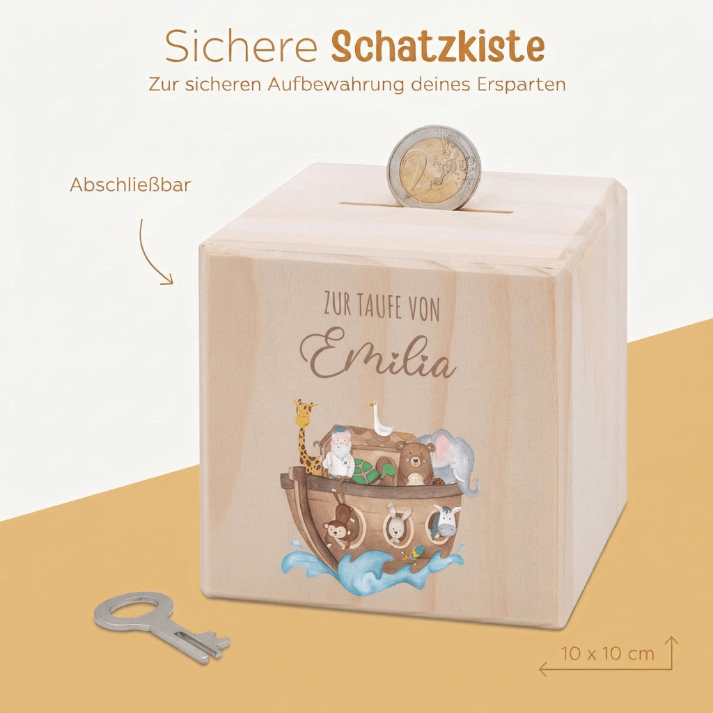Spardose Holz personalisiert - Taufe Arche Noah Tiere Aquarell - wunderwunsch