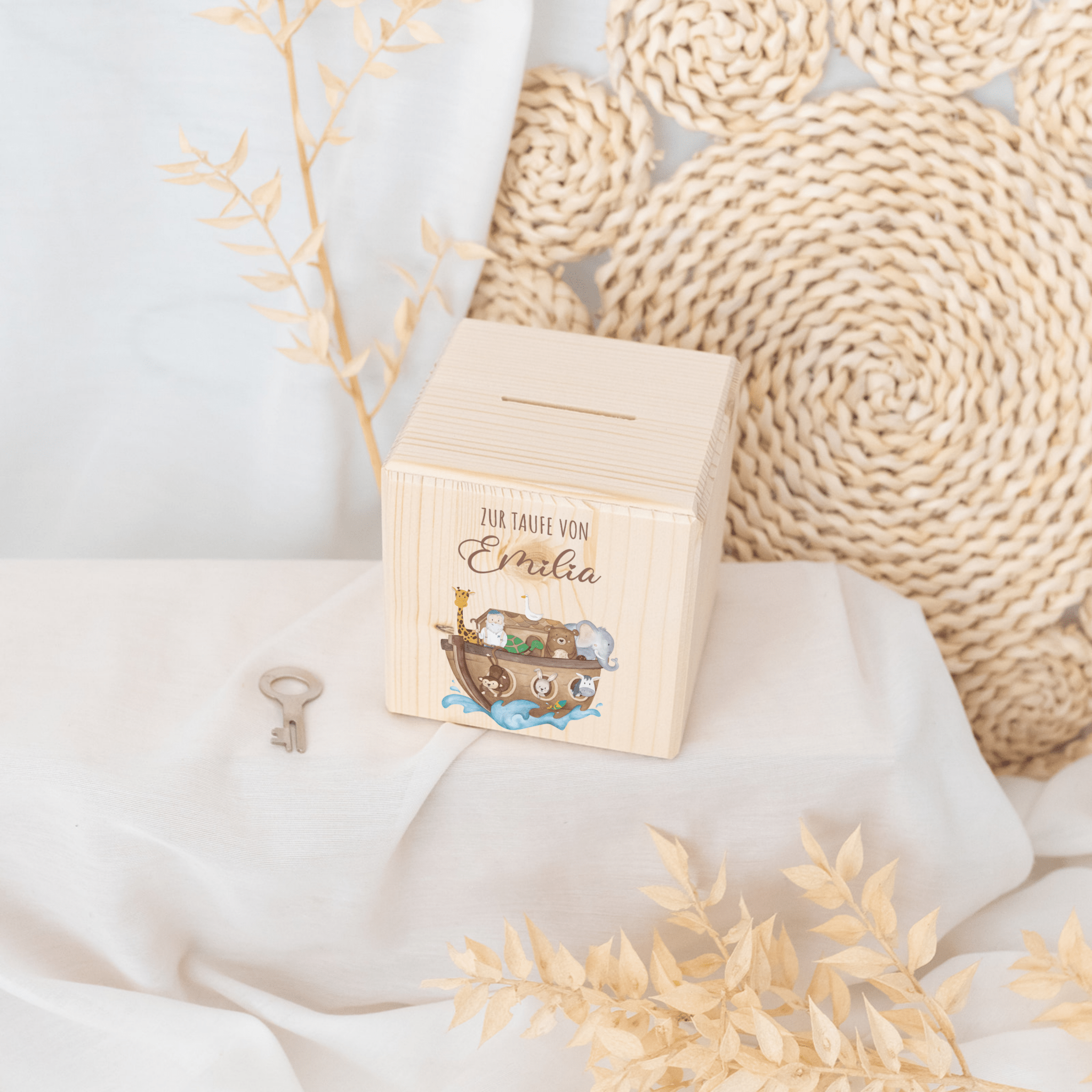 Spardose Holz personalisiert - Taufe Arche Noah Tiere Aquarell - wunderwunsch
