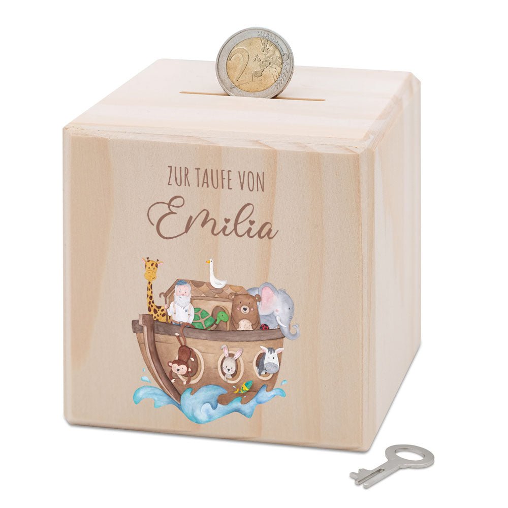 Spardose Holz personalisiert - Taufe Arche Noah Tiere Aquarell - wunderwunsch