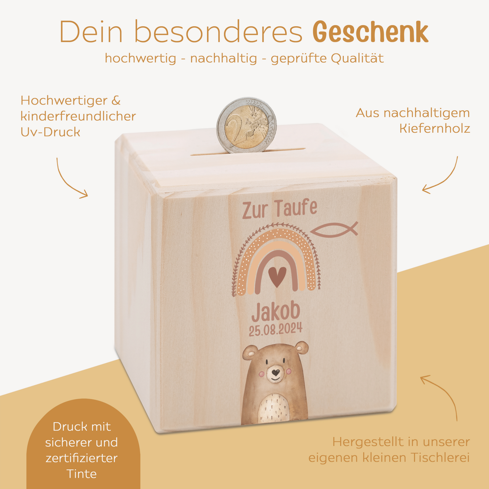 Spardose Holz personalisiert - Taufe Tier Aquarell - wunderwunsch