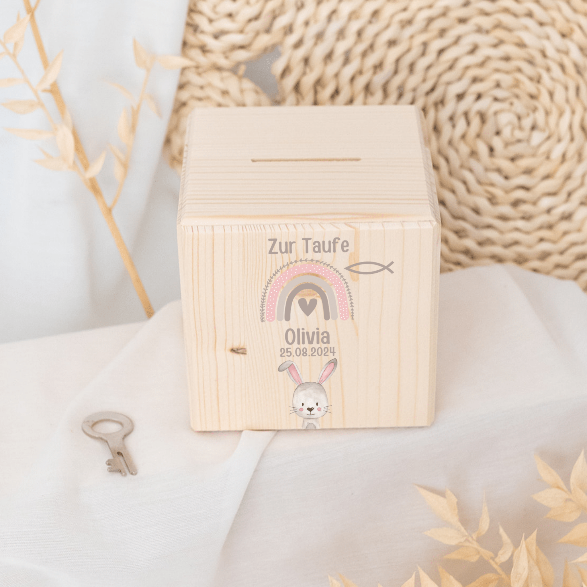 Spardose Holz personalisiert - Taufe Tier Aquarell - wunderwunsch