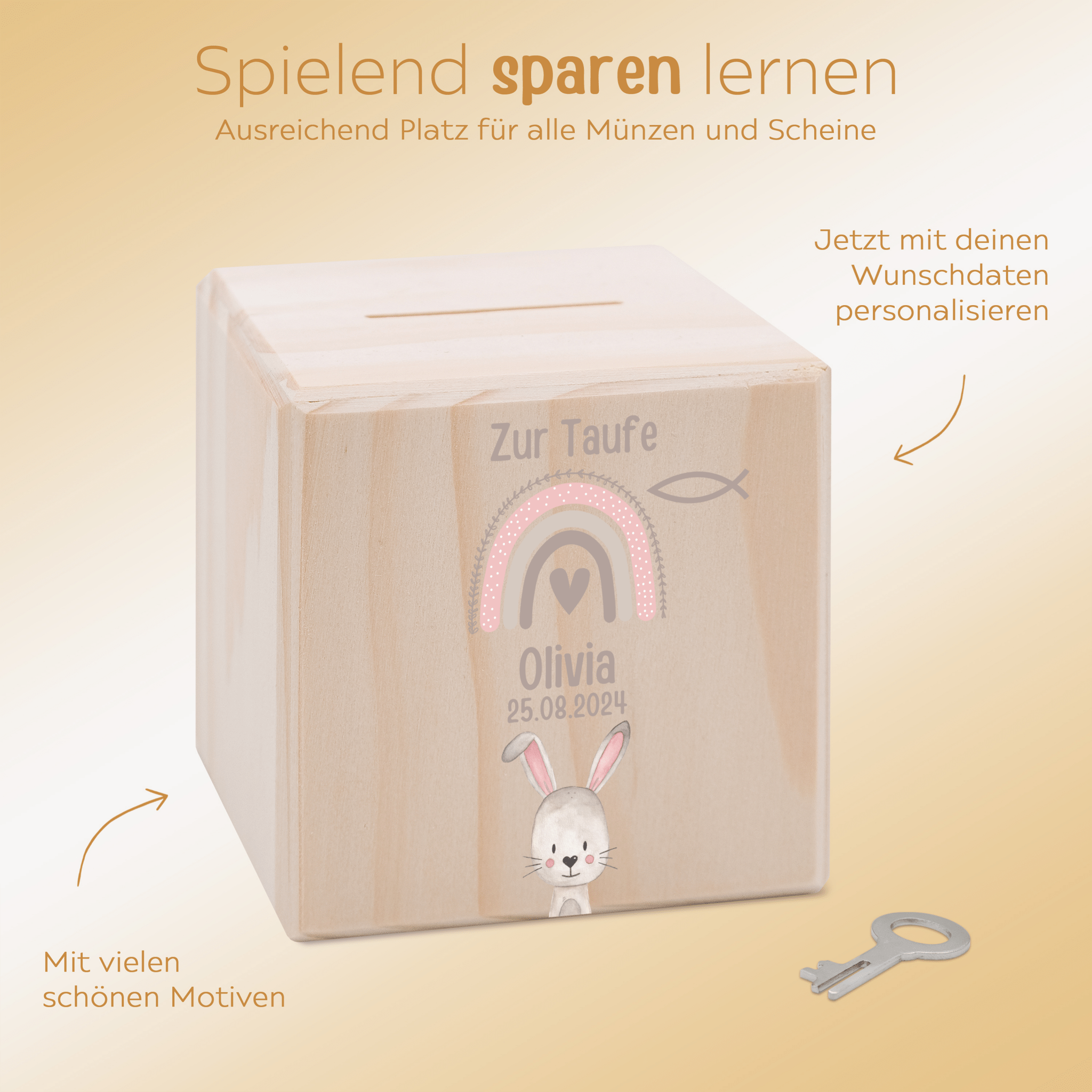 Spardose Holz personalisiert - Taufe Tier Aquarell - wunderwunsch