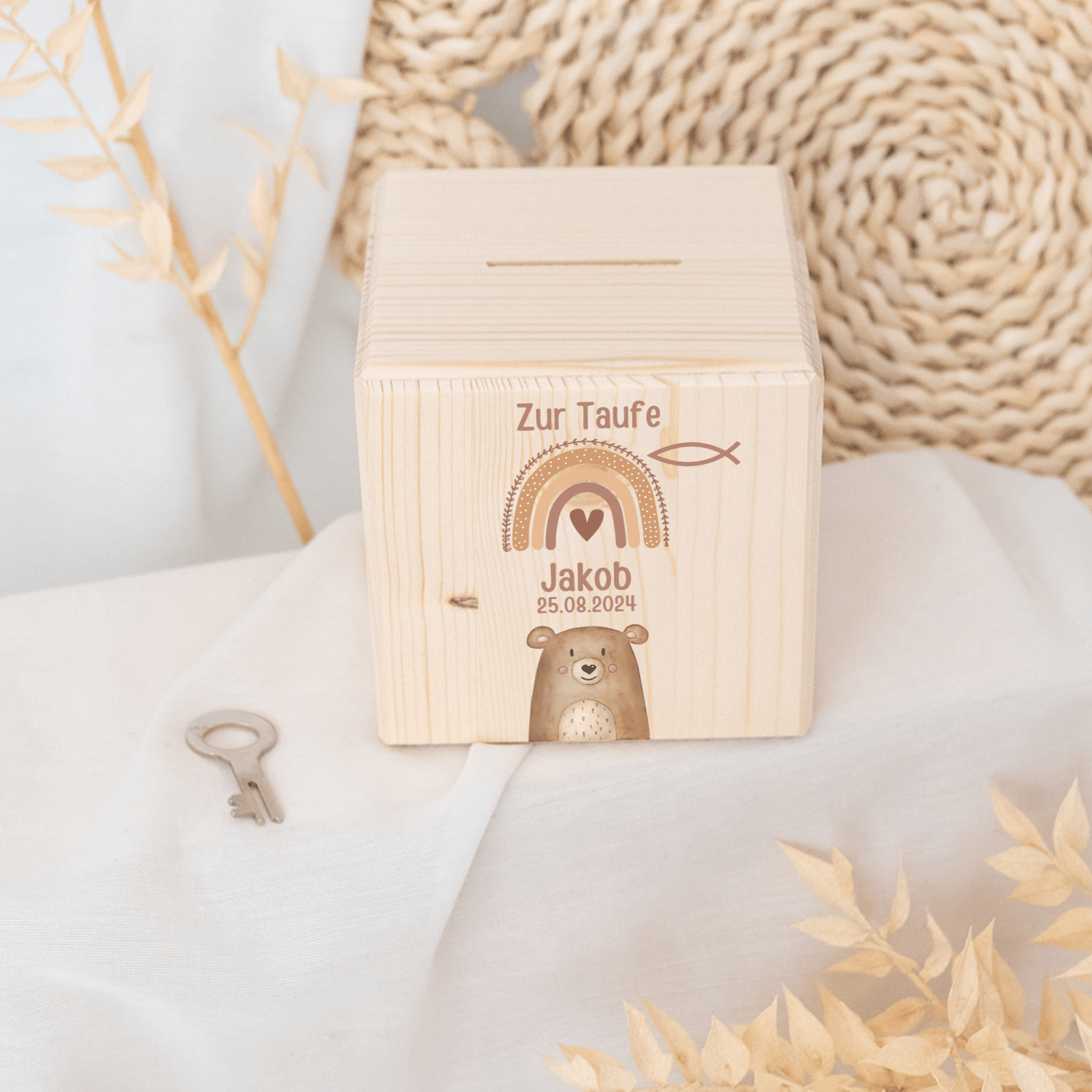 Spardose Holz personalisiert - Taufe Tier Aquarell - wunderwunsch